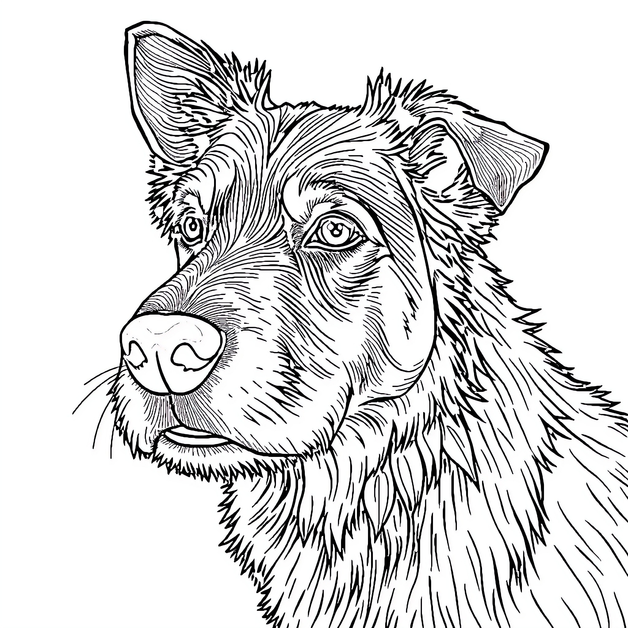 Australian Shepherd in pensive contemplation Coloring Page (free black-and-white line drawing printable PDF for all, from beginners to advanced learners, including children, teens, adults, and seniors)