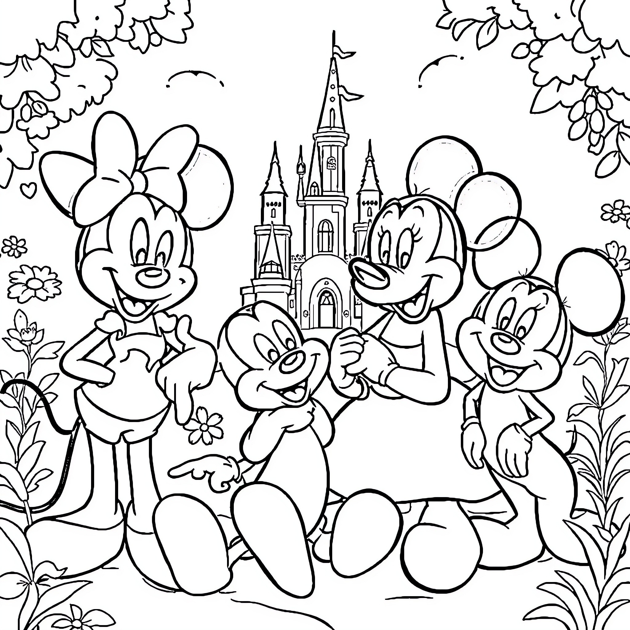 Disney Characters Enjoying a Castle Outing Coloring Page (free black-and-white line drawing printable PDF for all, from beginners to advanced learners, including children, teens, adults, and seniors)