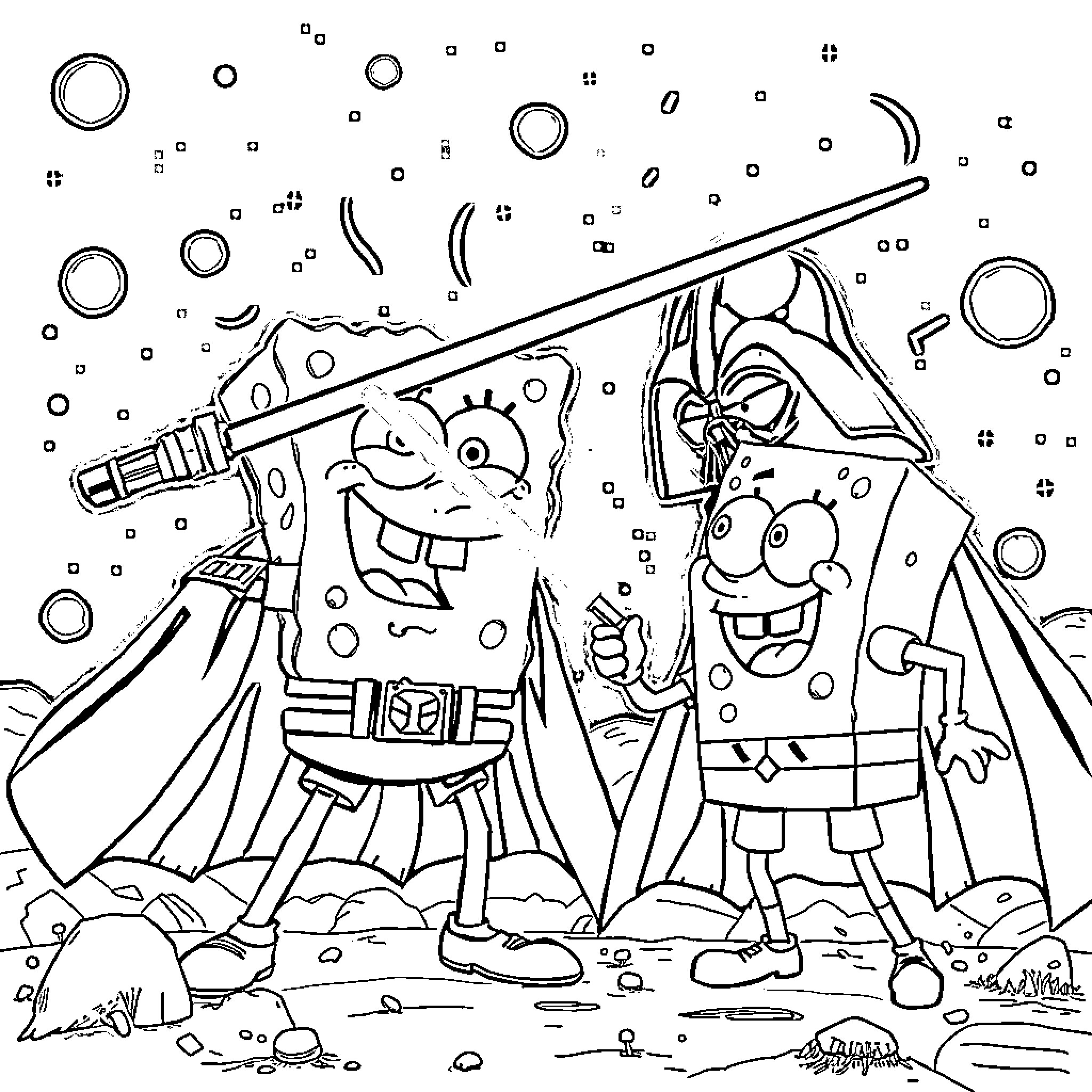 Darth Vader and SpongeBob SquarePants in an amusing outer space adventure Coloring Page (free black-and-white line drawing printable PDF for all, from beginners to advanced learners, including children, teens, adults, and seniors)