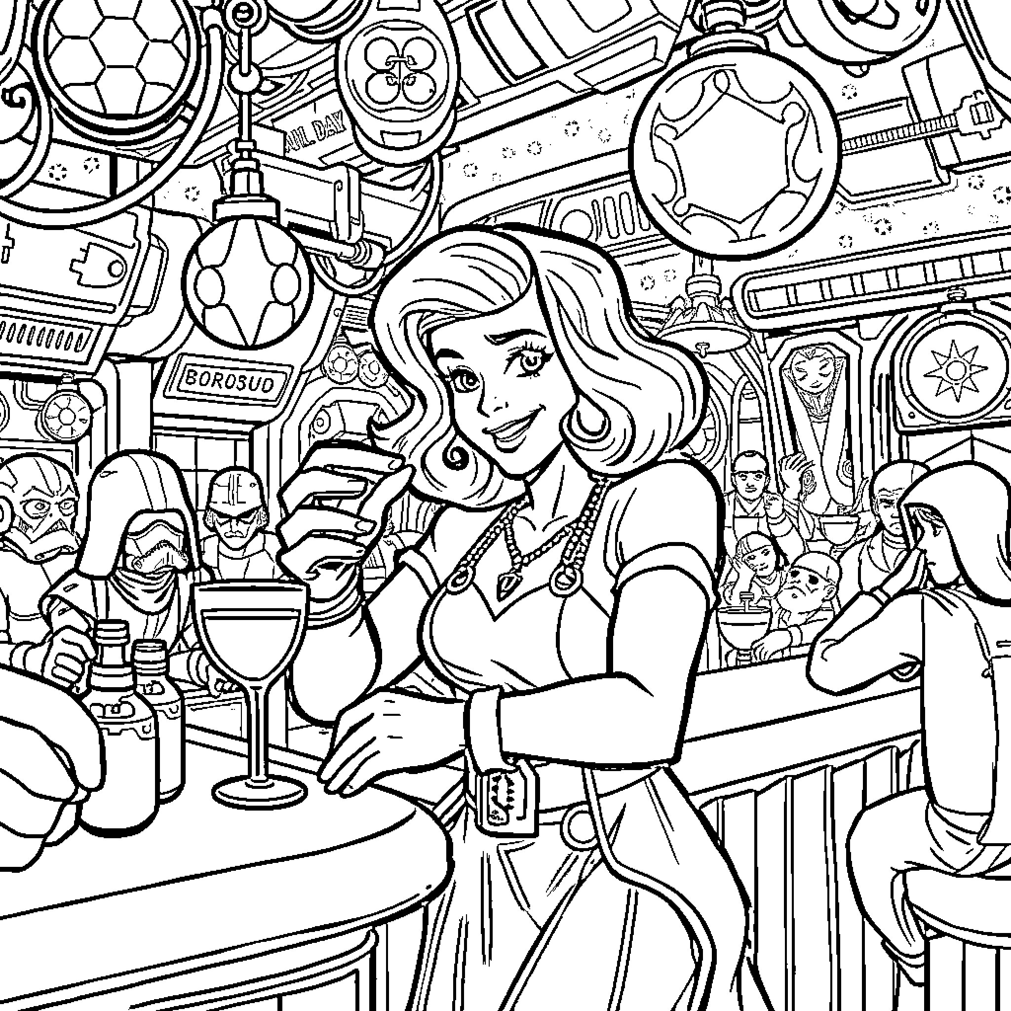 Ackmena serving drinks in a bustling intergalactic cantina Coloring Page (free black-and-white line drawing printable PDF for all, from beginners to advanced learners, including children, teens, adults, and seniors)