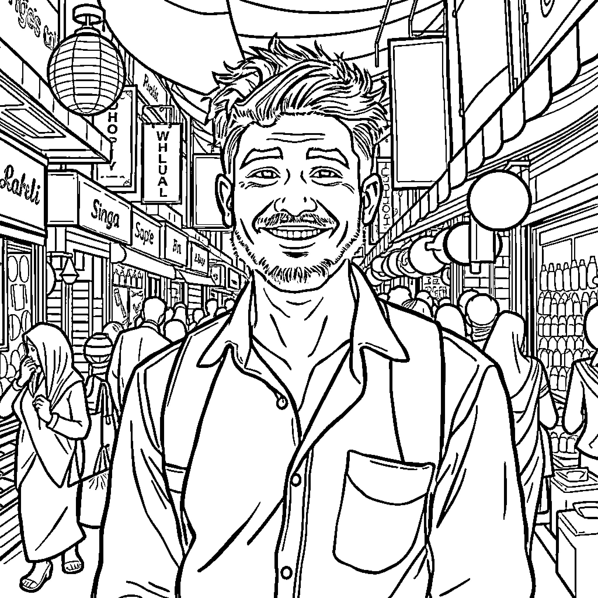 Ibrahim Ronido exploring lively city street Coloring Page (free black-and-white line drawing printable PDF for all, from beginners to advanced learners, including children, teens, adults, and seniors)