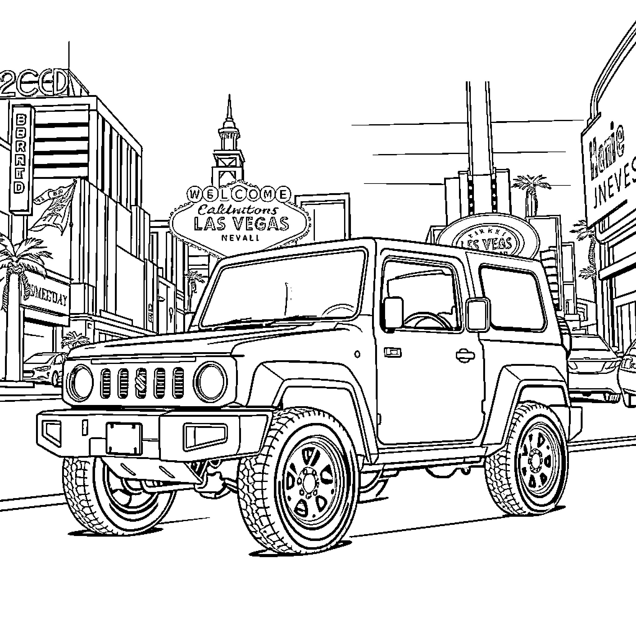 Suzuki Jimny on the streets of Las Vegas Coloring Page (free black-and-white line drawing printable PDF for all, from beginners to advanced learners, including children, teens, adults, and seniors)