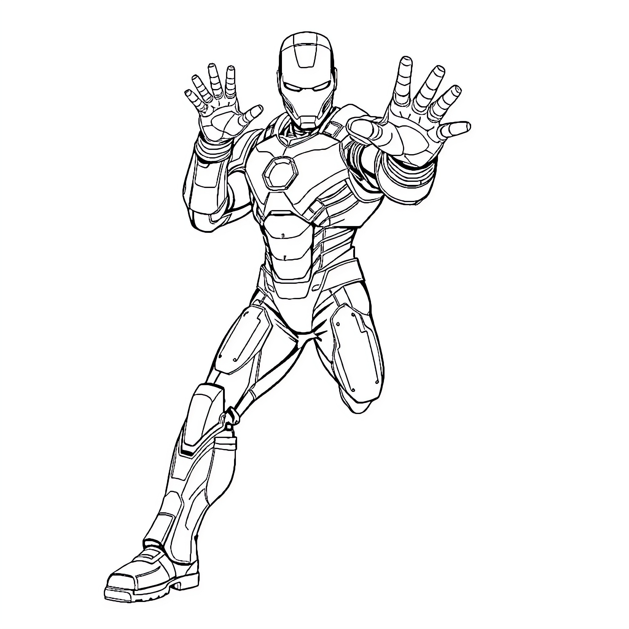 Iron Man in action pose with high-tech suit Coloring Page (free black-and-white line drawing printable PDF for all, from beginners to advanced learners, including children, teens, adults, and seniors)