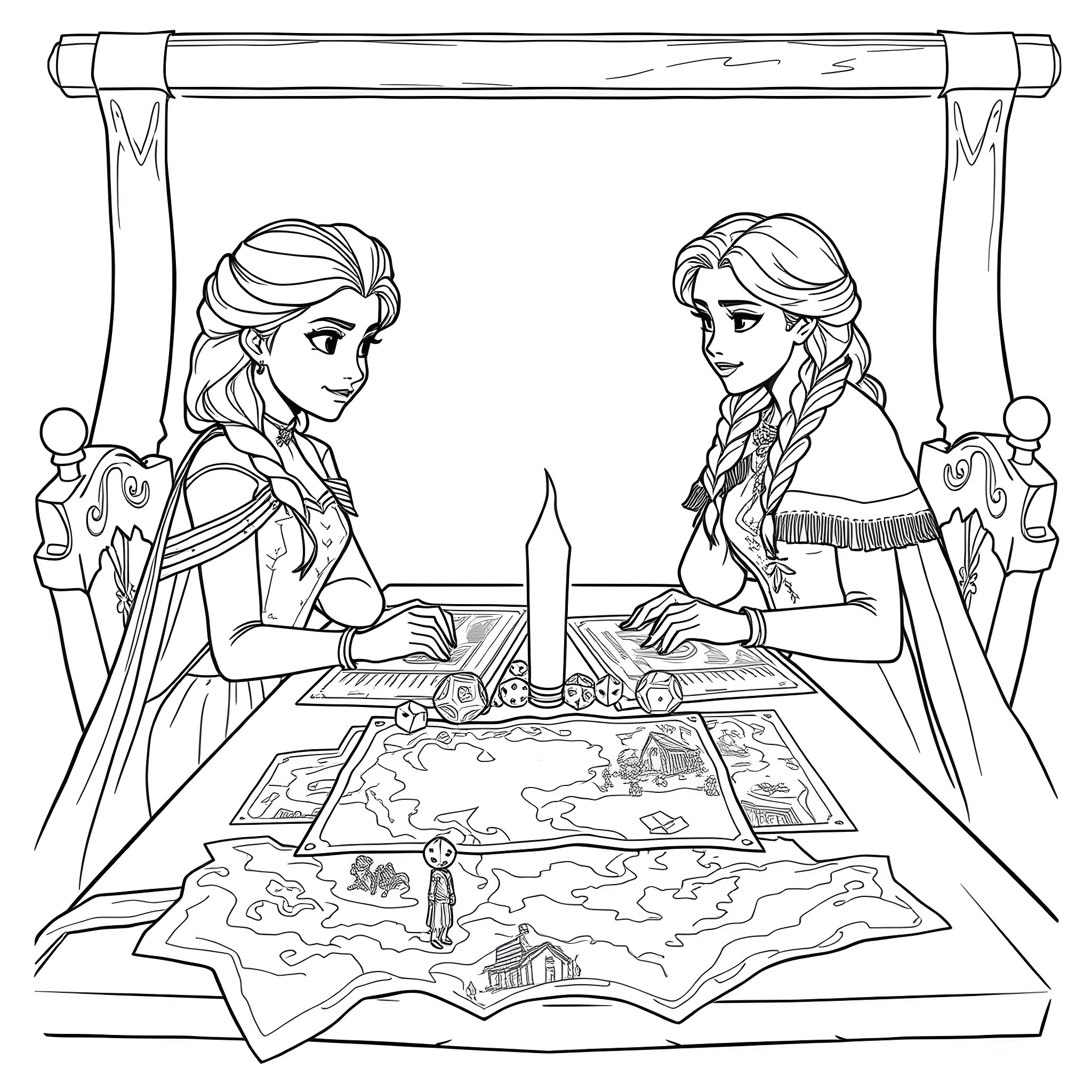 Elsa and Anna studying a map together Coloring Page (free black-and-white line drawing printable PDF for all, from beginners to advanced learners, including children, teens, adults, and seniors)