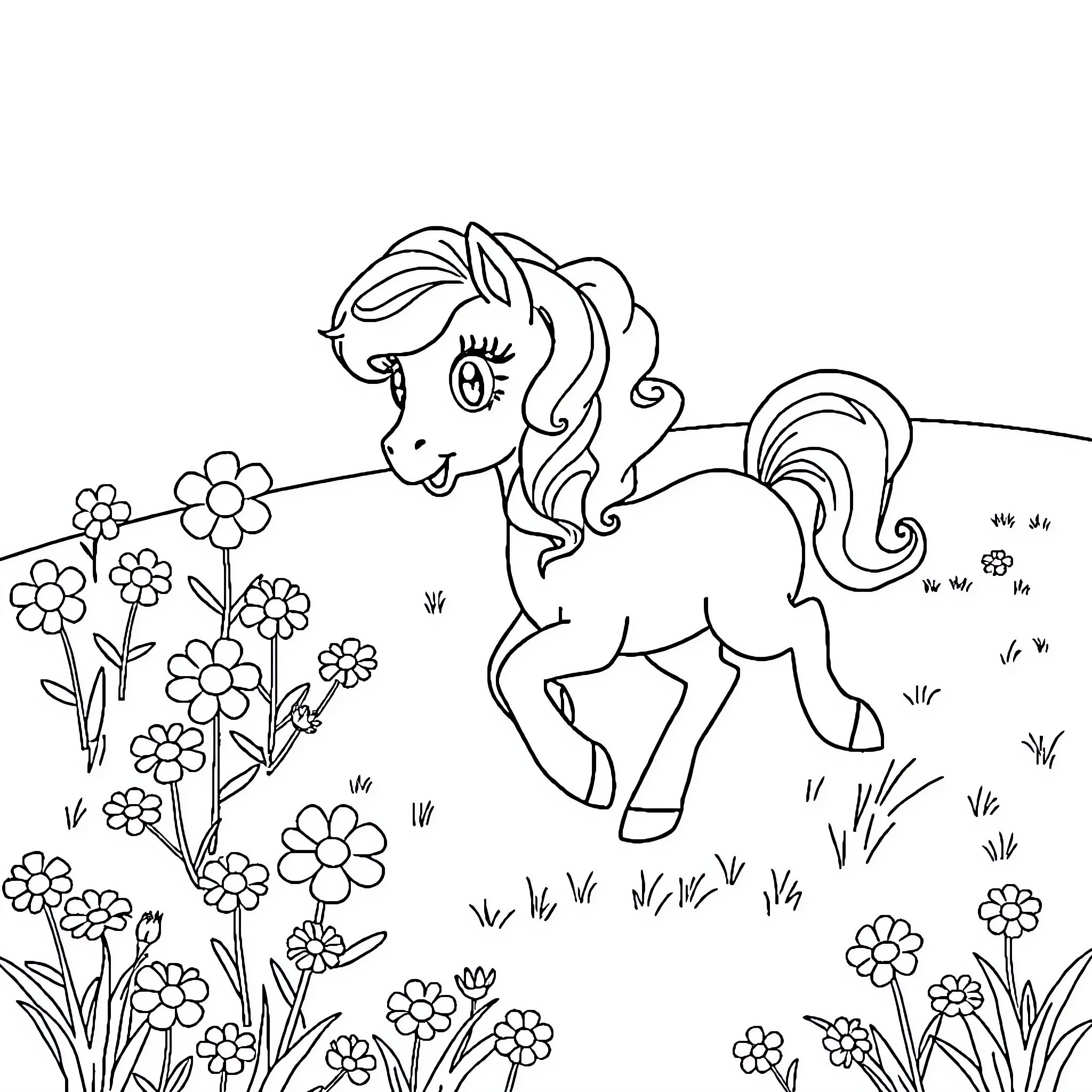 Pinky Pie enjoying a field of flowers Coloring Page (free black-and-white line drawing printable PDF for all, from beginners to advanced learners, including children, teens, adults, and seniors)