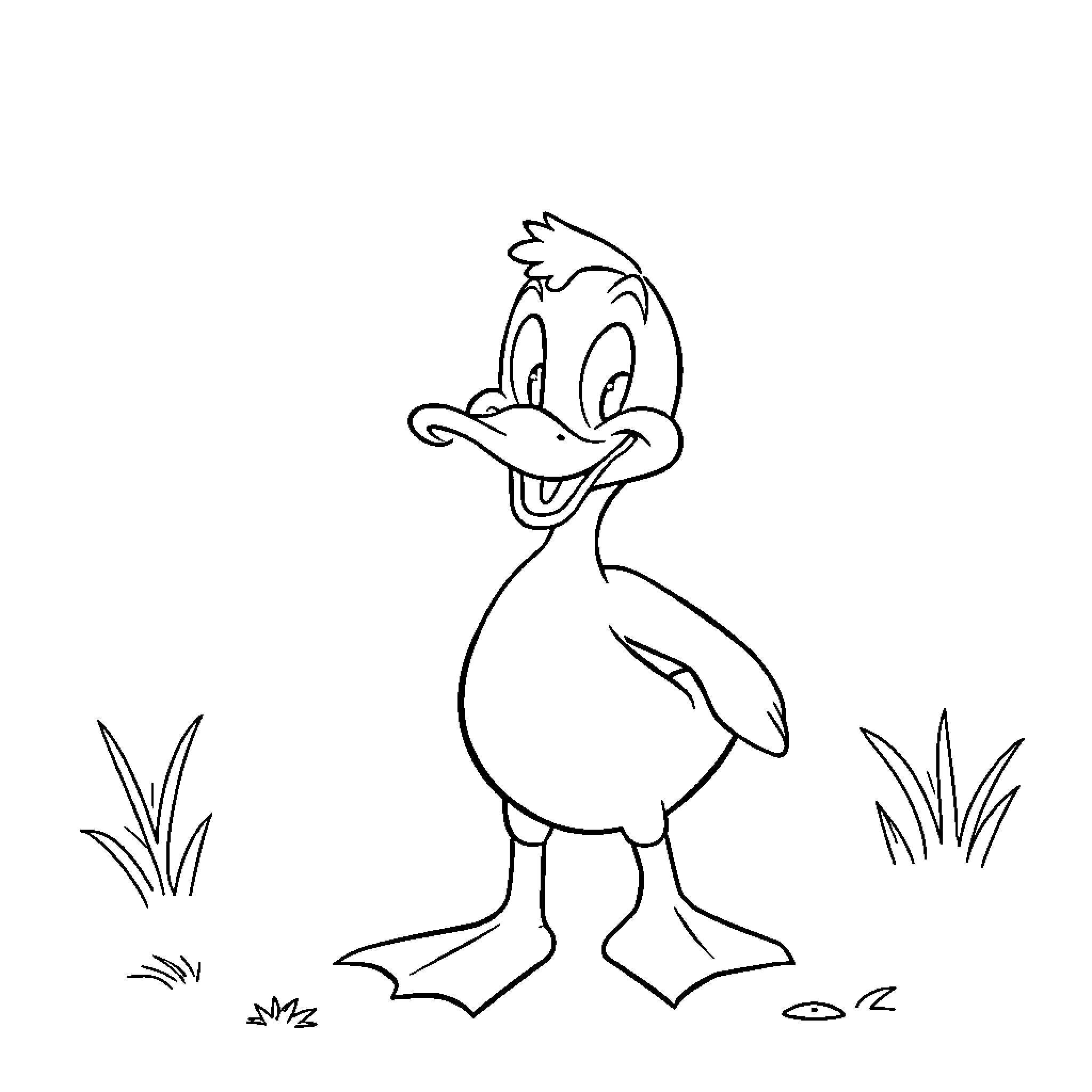 Duck laughing happily in nature Coloring Page (free black-and-white line drawing printable PDF for all, from beginners to advanced learners, including children, teens, adults, and seniors)