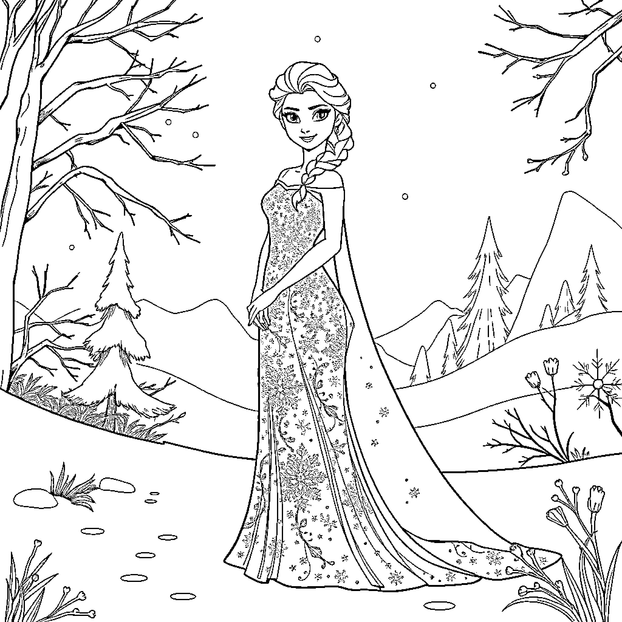 Elsa's Wintry Wonderland Adventure Coloring Page (free black-and-white line drawing printable PDF for all, from beginners to advanced learners, including children, teens, adults, and seniors)