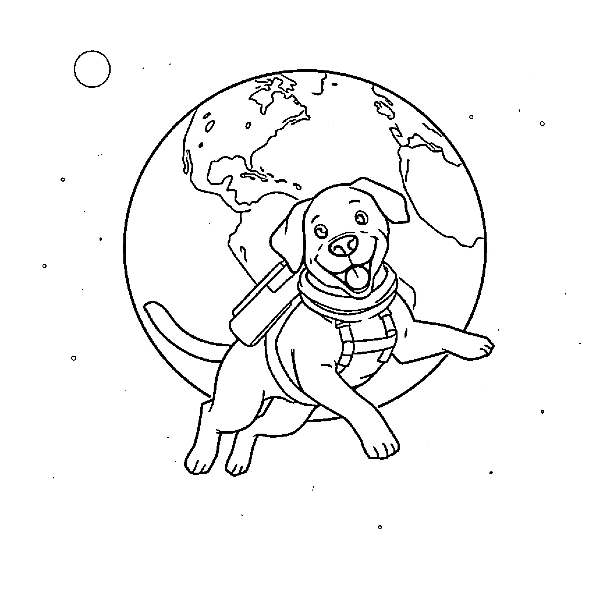 Labrador exploring the world with a smile Coloring Page (free black-and-white line drawing printable PDF for all, from beginners to advanced learners, including children, teens, adults, and seniors)