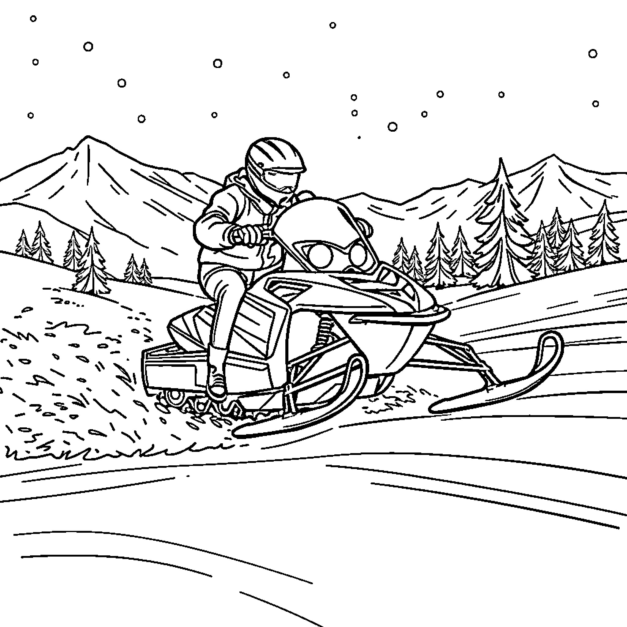 Snowmobile rider navigating snowy mountain landscape Coloring Page (free black-and-white line drawing printable PDF for all, from beginners to advanced learners, including children, teens, adults, and seniors)