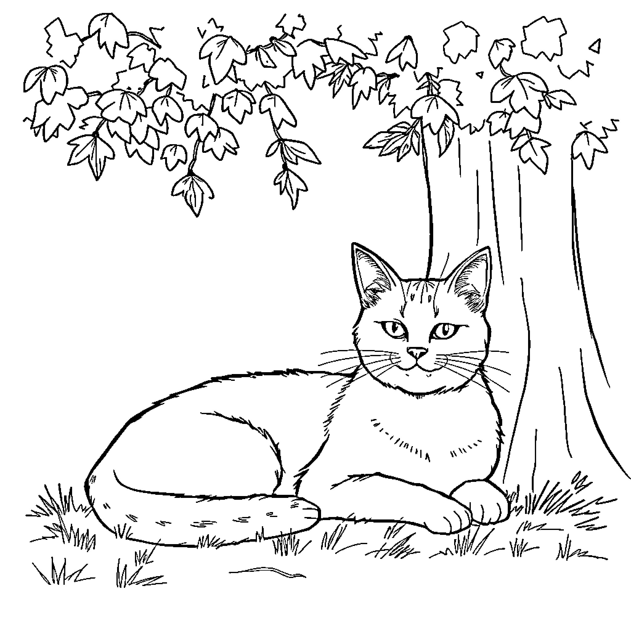 Cat relaxing under autumn leaves Coloring Page (free black-and-white line drawing printable PDF for all, from beginners to advanced learners, including children, teens, adults, and seniors)