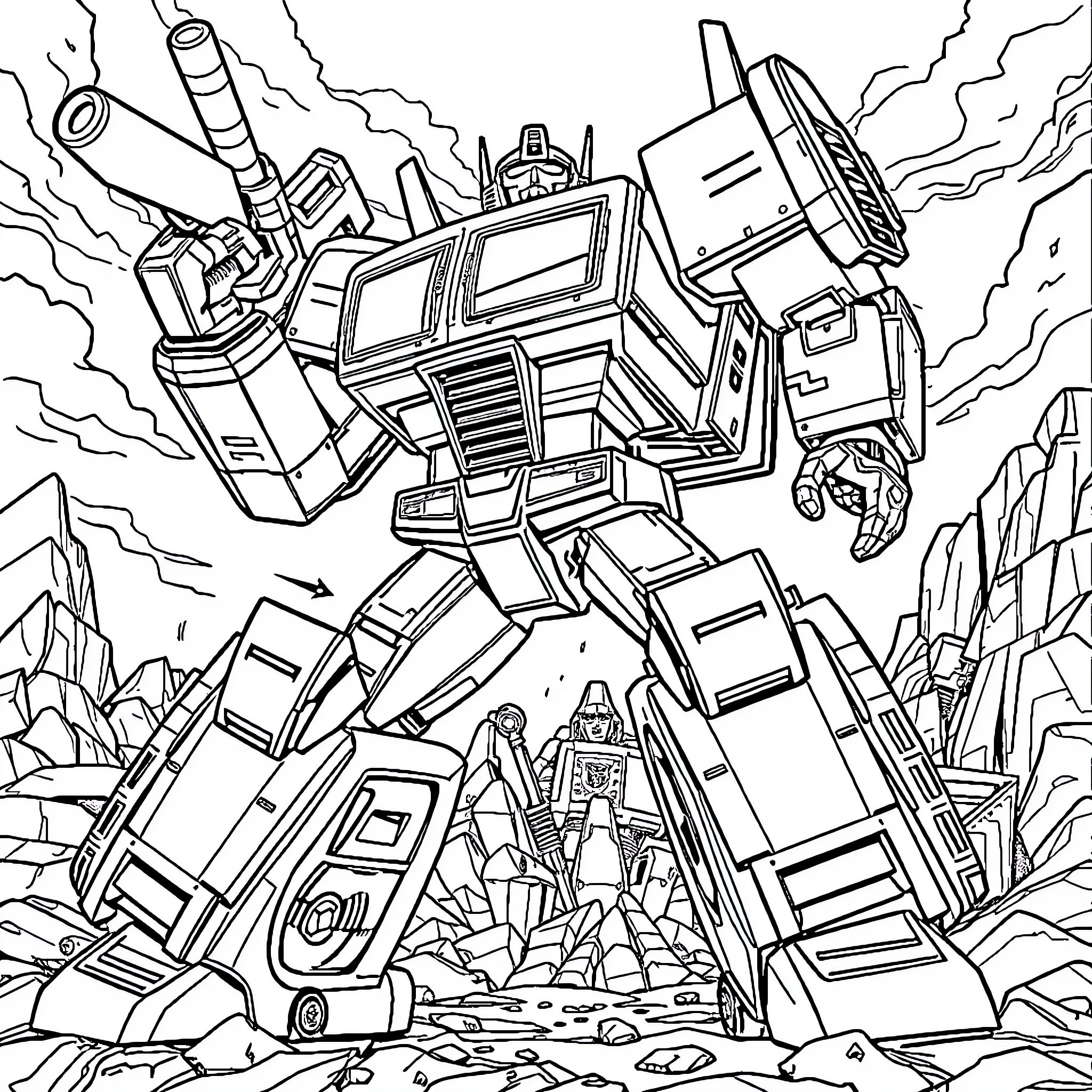 Transformer robot in epic battle scene Coloring Page (free black-and-white line drawing printable PDF for all, from beginners to advanced learners, including children, teens, adults, and seniors)