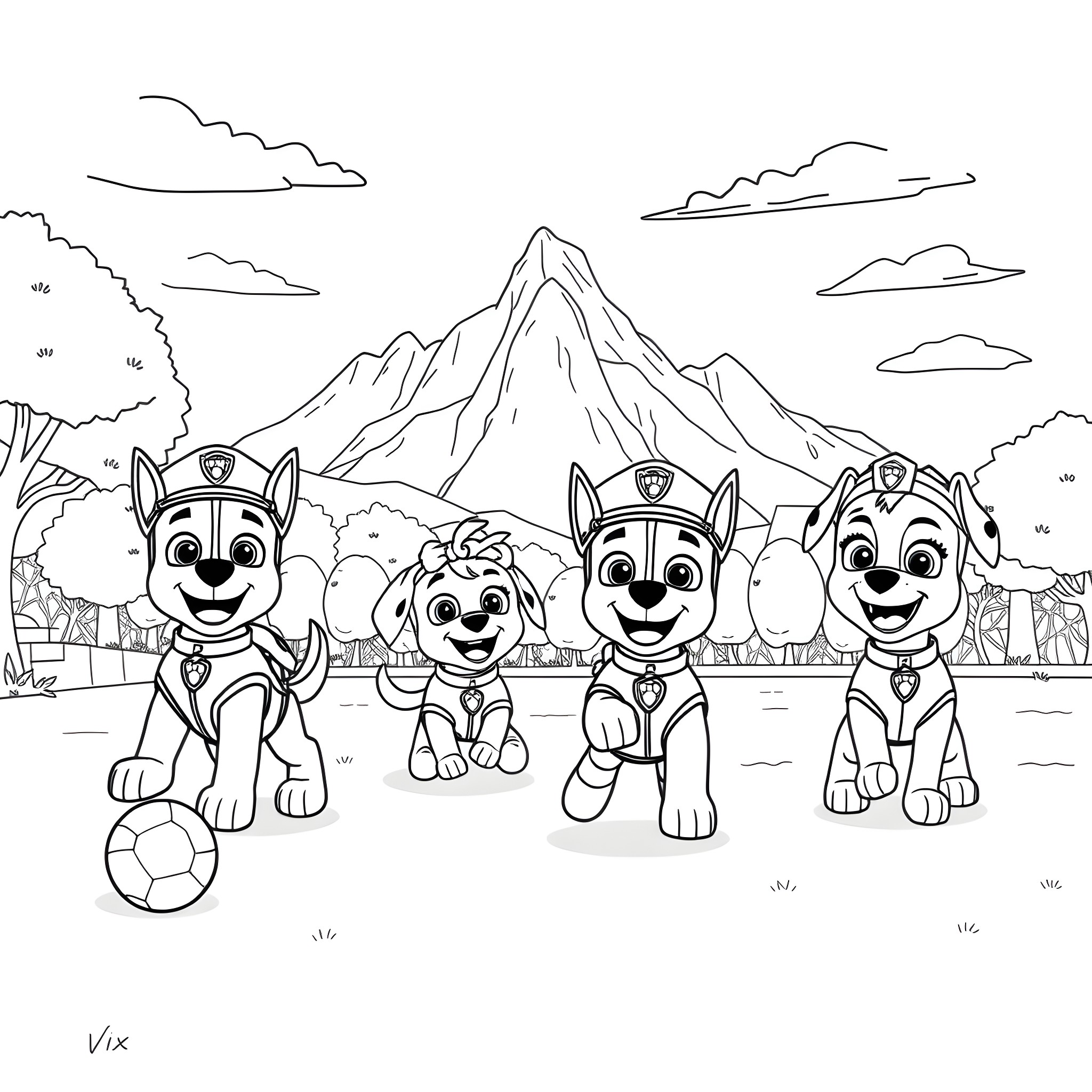 Paw Patrol pups on a mountain adventure Coloring Page (free black-and-white line drawing printable PDF for all, from beginners to advanced learners, including children, teens, adults, and seniors)