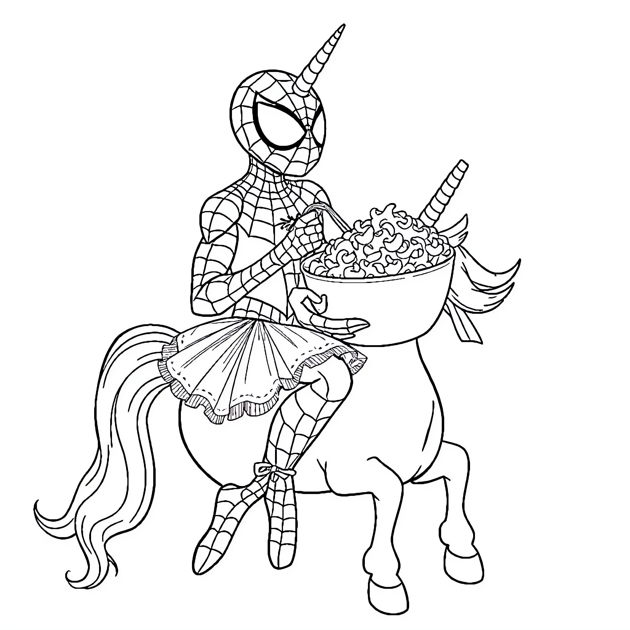 Spiderman Riding a Magical Unicorn Coloring Page (free black-and-white line drawing printable PDF for all, from beginners to advanced learners, including children, teens, adults, and seniors)