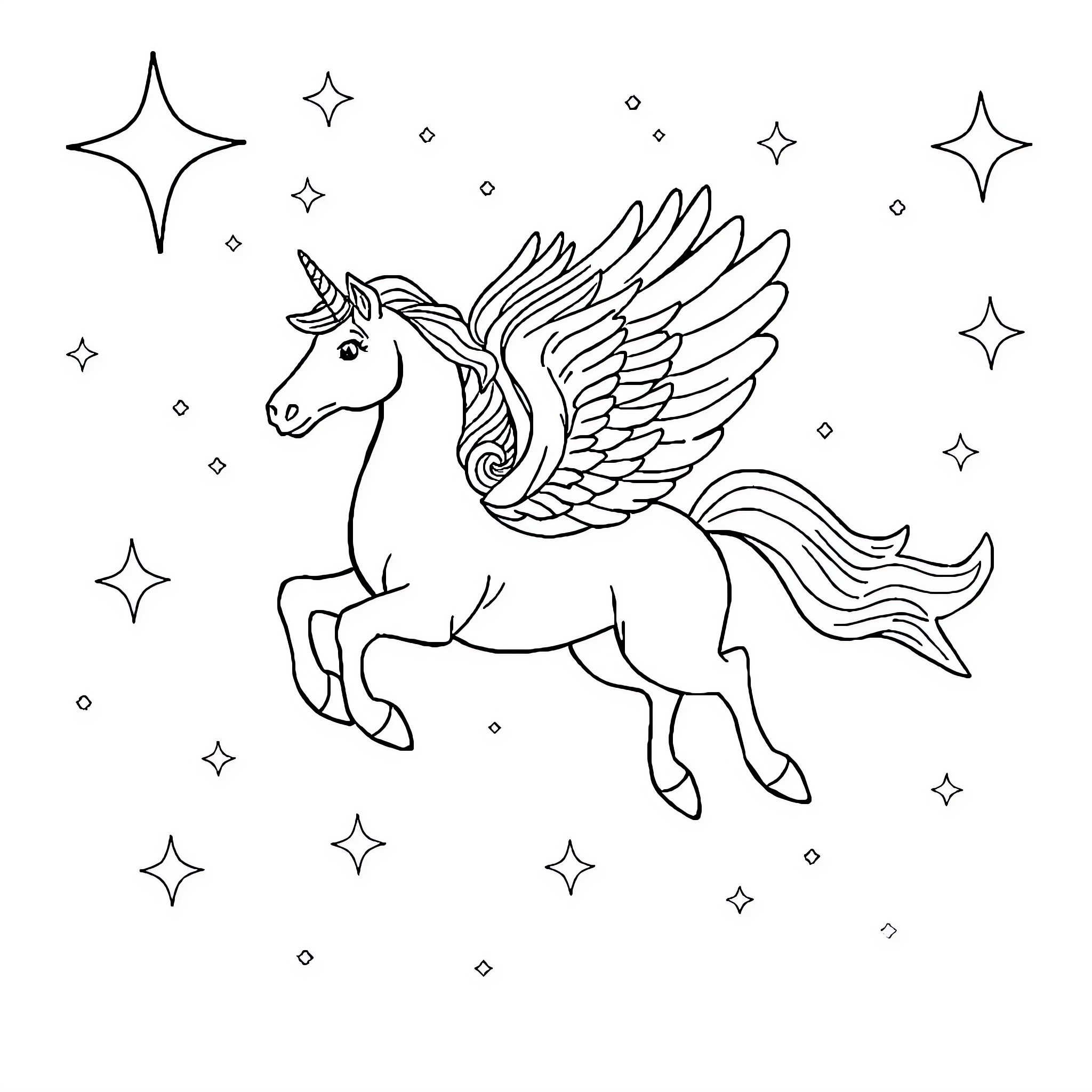 Pegasus soaring among the stars Coloring Page (free black-and-white line drawing printable PDF for all, from beginners to advanced learners, including children, teens, adults, and seniors)