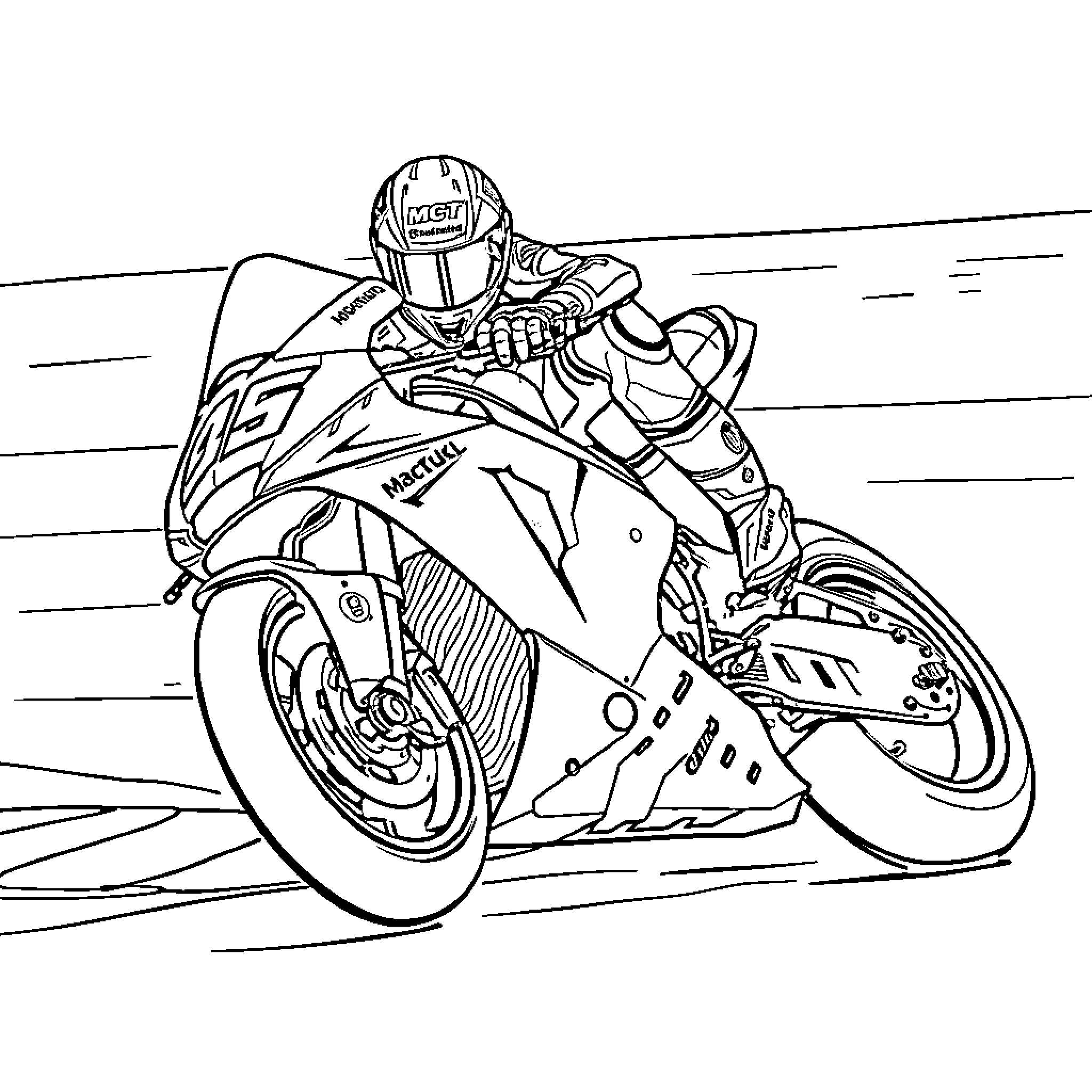 Marc Marquez Racing Motorcycle at High Speed Coloring Page (free black-and-white line drawing printable PDF for all, from beginners to advanced learners, including children, teens, adults, and seniors)