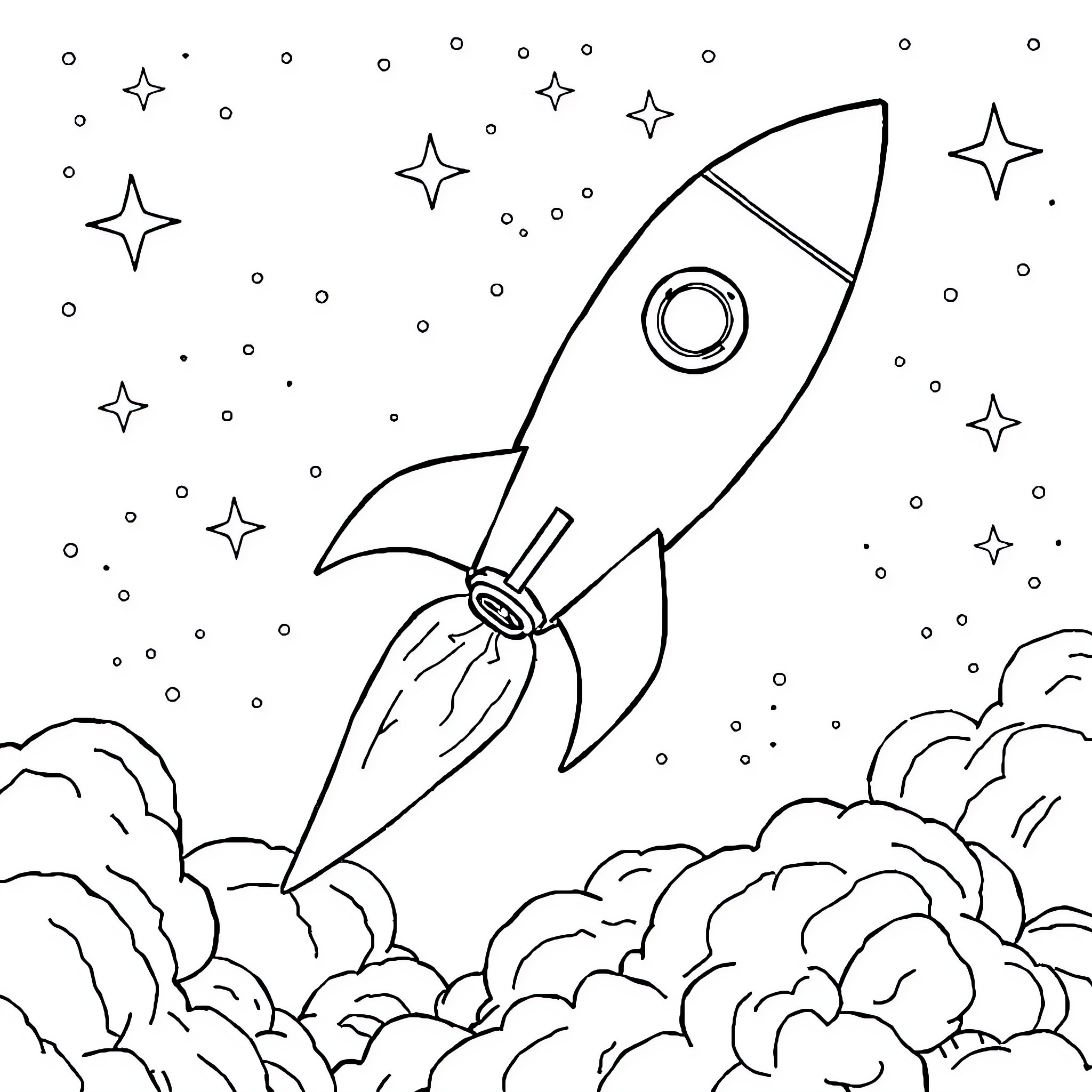 Rocket blasting off into the starry sky Coloring Page (free black-and-white line drawing printable PDF for all, from beginners to advanced learners, including children, teens, adults, and seniors)
