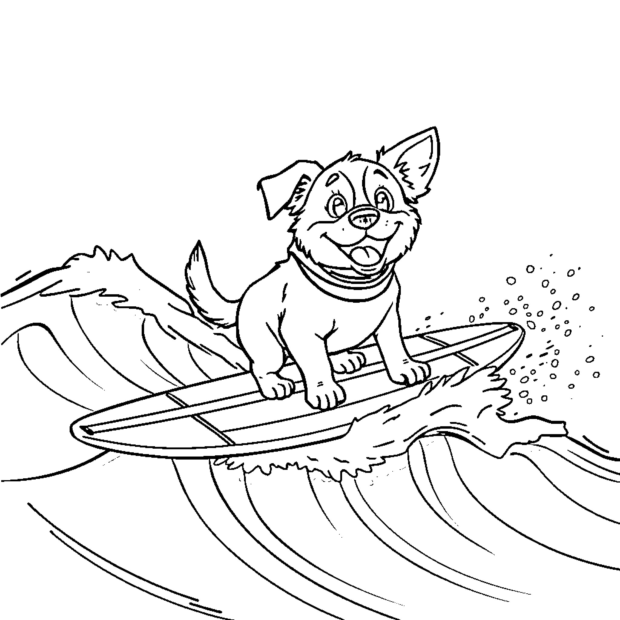 Dog surfing happily on ocean waves Coloring Page (free black-and-white line drawing printable PDF for all, from beginners to advanced learners, including children, teens, adults, and seniors)