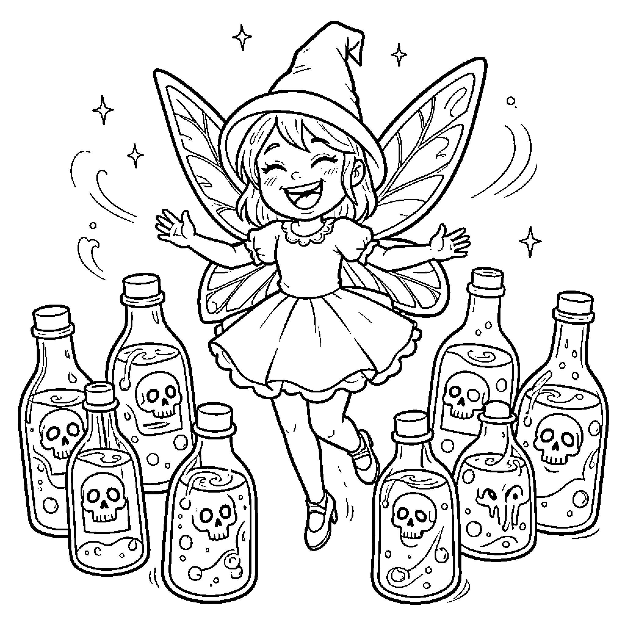 Fairy celebrates in a magical potion scene Coloring Page (free black-and-white line drawing printable PDF for all, from beginners to advanced learners, including children, teens, adults, and seniors)