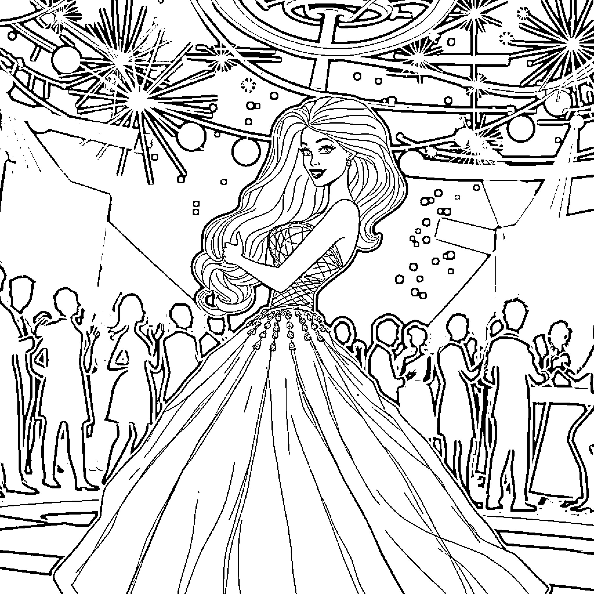 Barbie at the Sparkling Celebration Coloring Page (free black-and-white line drawing printable PDF for all, from beginners to advanced learners, including children, teens, adults, and seniors)