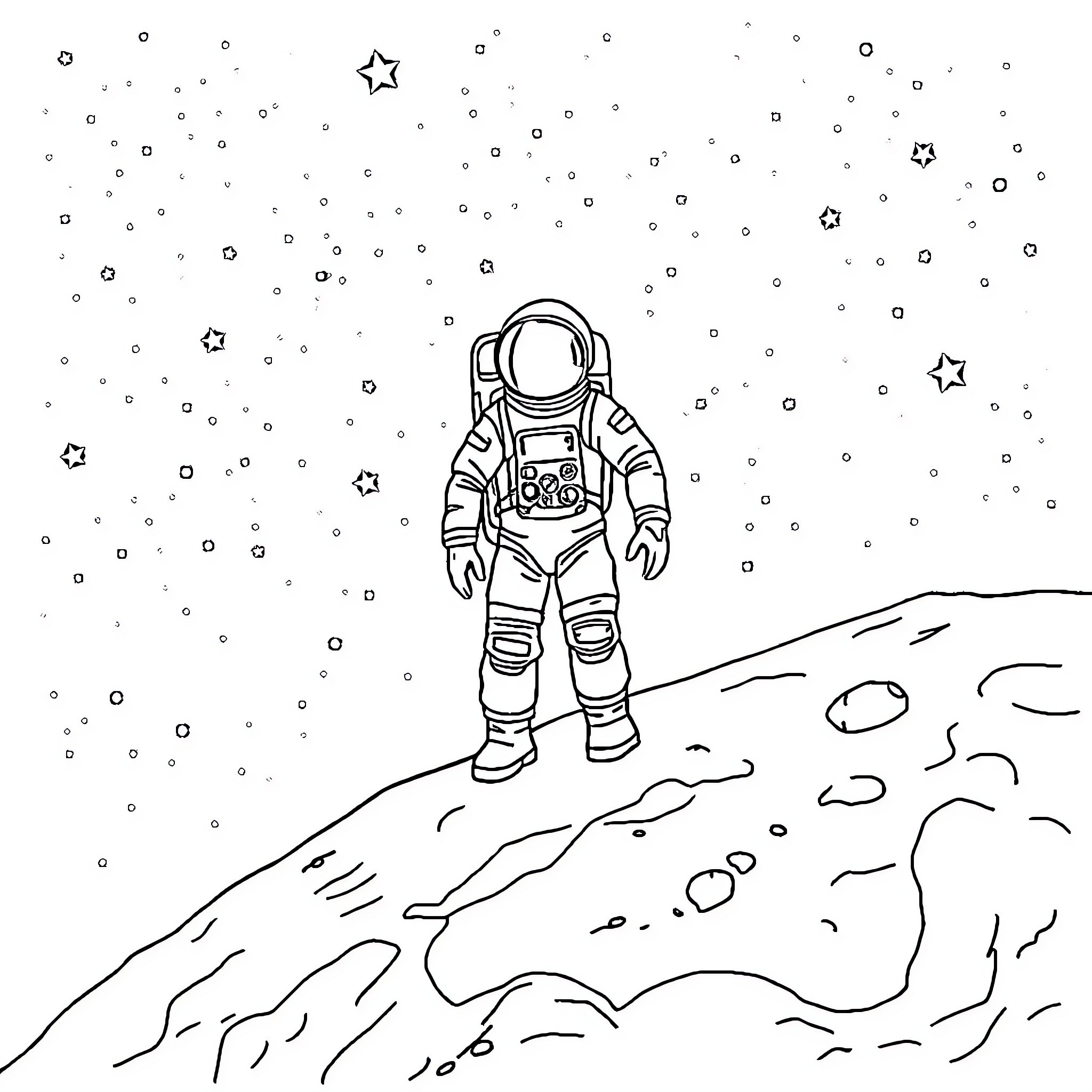 Astronaut exploring the lunar surface under starry skies Coloring Page (free black-and-white line drawing printable PDF for all, from beginners to advanced learners, including children, teens, adults, and seniors)