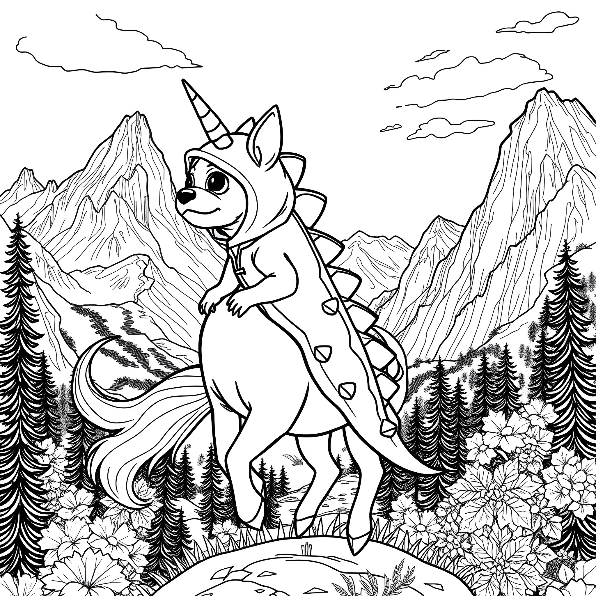 Chihuahua unicorn exploring the enchanted forest Coloring Page (free black-and-white line drawing printable PDF for all, from beginners to advanced learners, including children, teens, adults, and seniors)