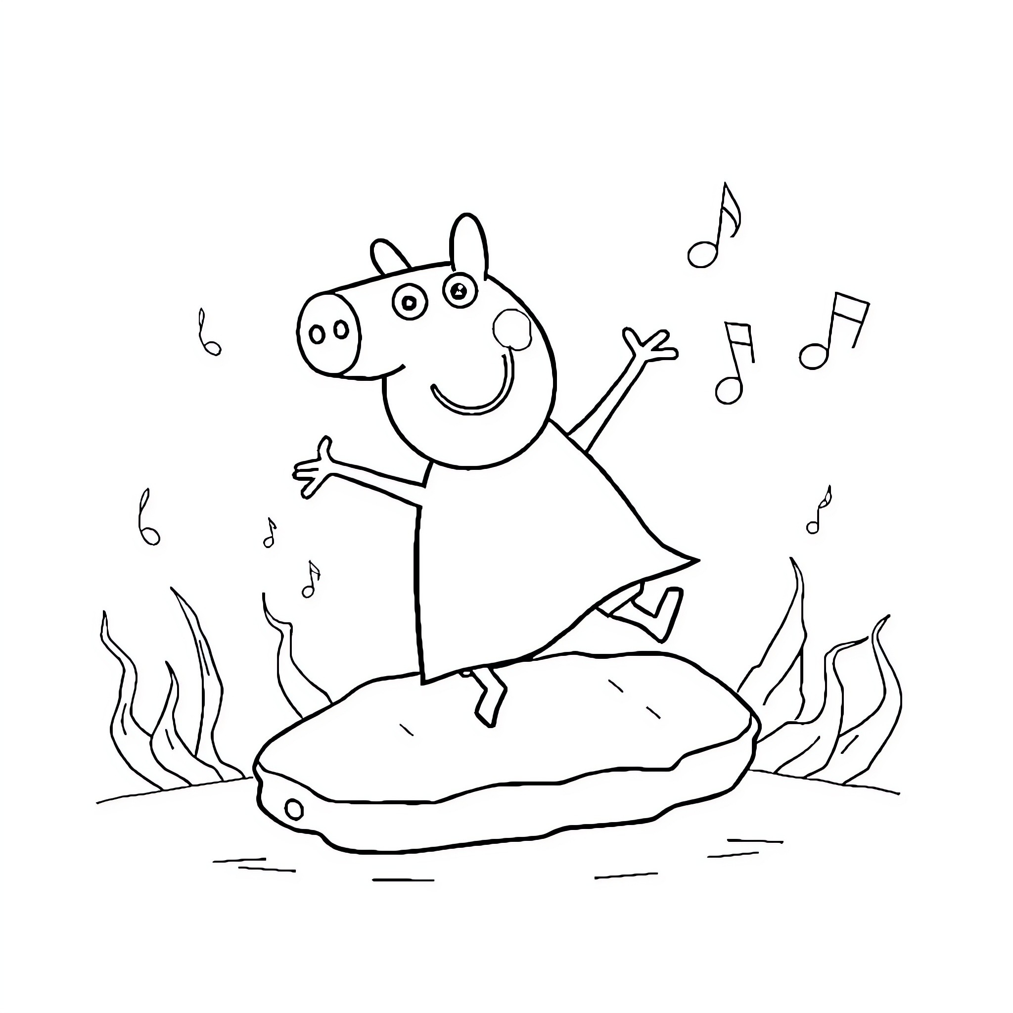 Peppa Pig enjoying music and dance Coloring Page (free black-and-white line drawing printable PDF for all, from beginners to advanced learners, including children, teens, adults, and seniors)