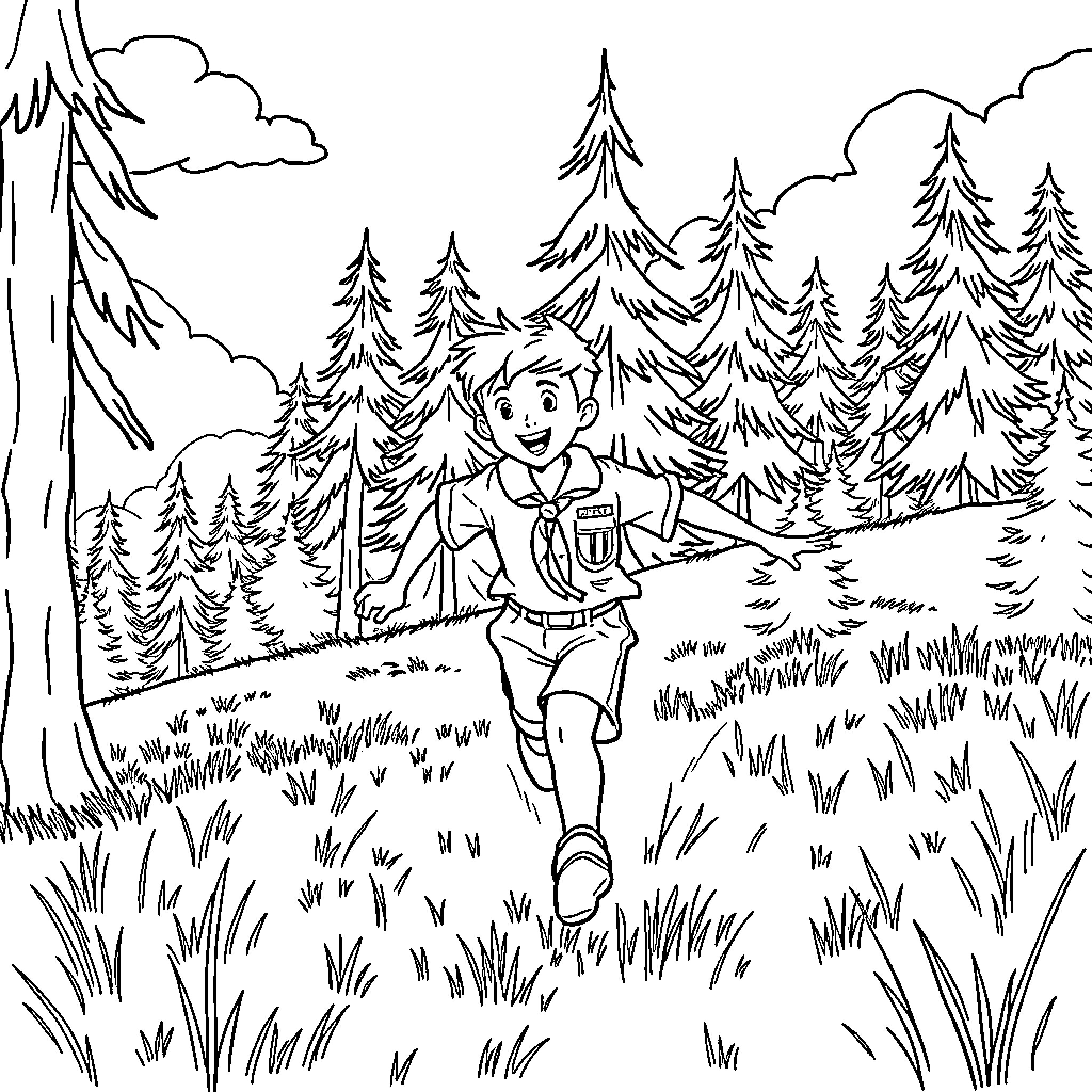 Joey's Outdoor Adventure in the Forest Coloring Page (free black-and-white line drawing printable PDF for all, from beginners to advanced learners, including children, teens, adults, and seniors)