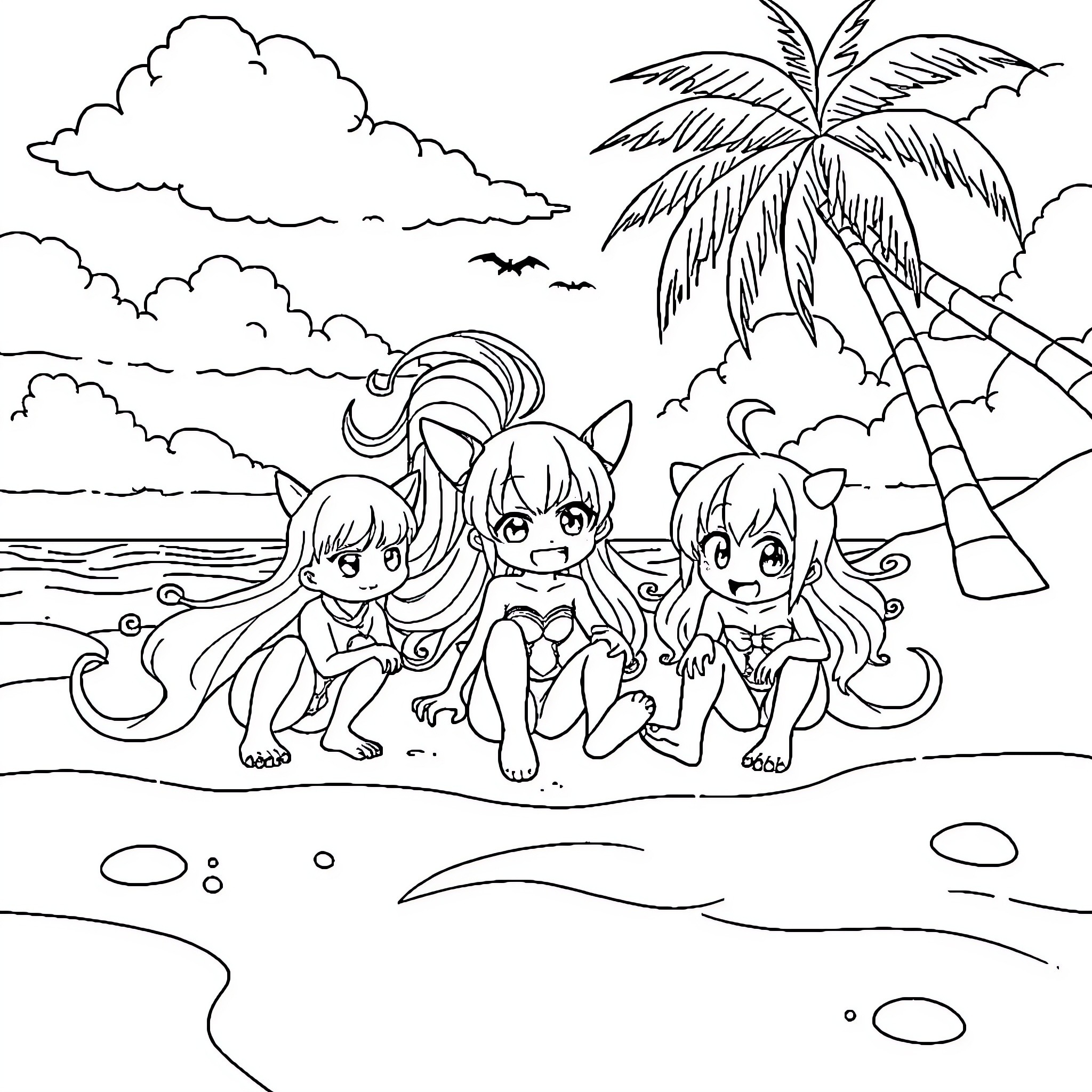 Monster Girls Enjoying a Beach Day Coloring Page (free black-and-white line drawing printable PDF for all, from beginners to advanced learners, including children, teens, adults, and seniors)