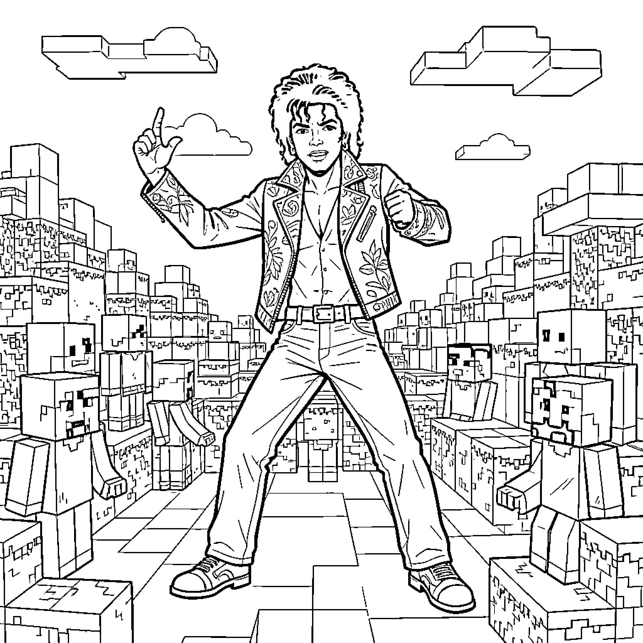 Michael Jackson's Iconic Pose in Urban Cityscape Coloring Page (free black-and-white line drawing printable PDF for all, from beginners to advanced learners, including children, teens, adults, and seniors)