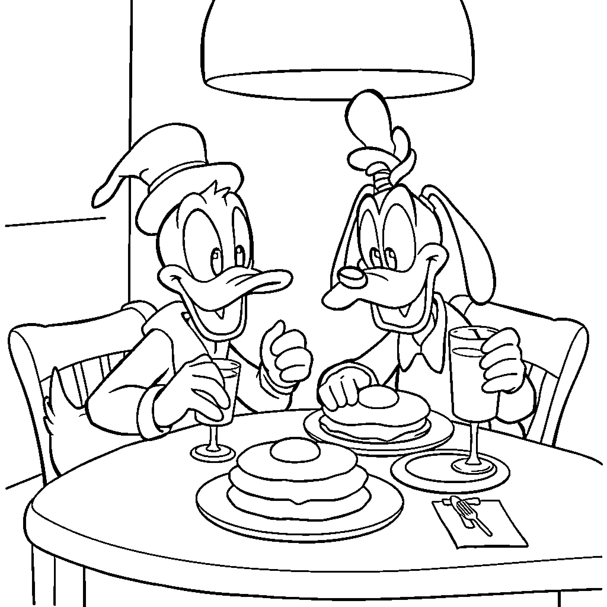 Donald Duck Enjoying a Meal with His Friend Coloring Page (free black-and-white line drawing printable PDF for all, from beginners to advanced learners, including children, teens, adults, and seniors)