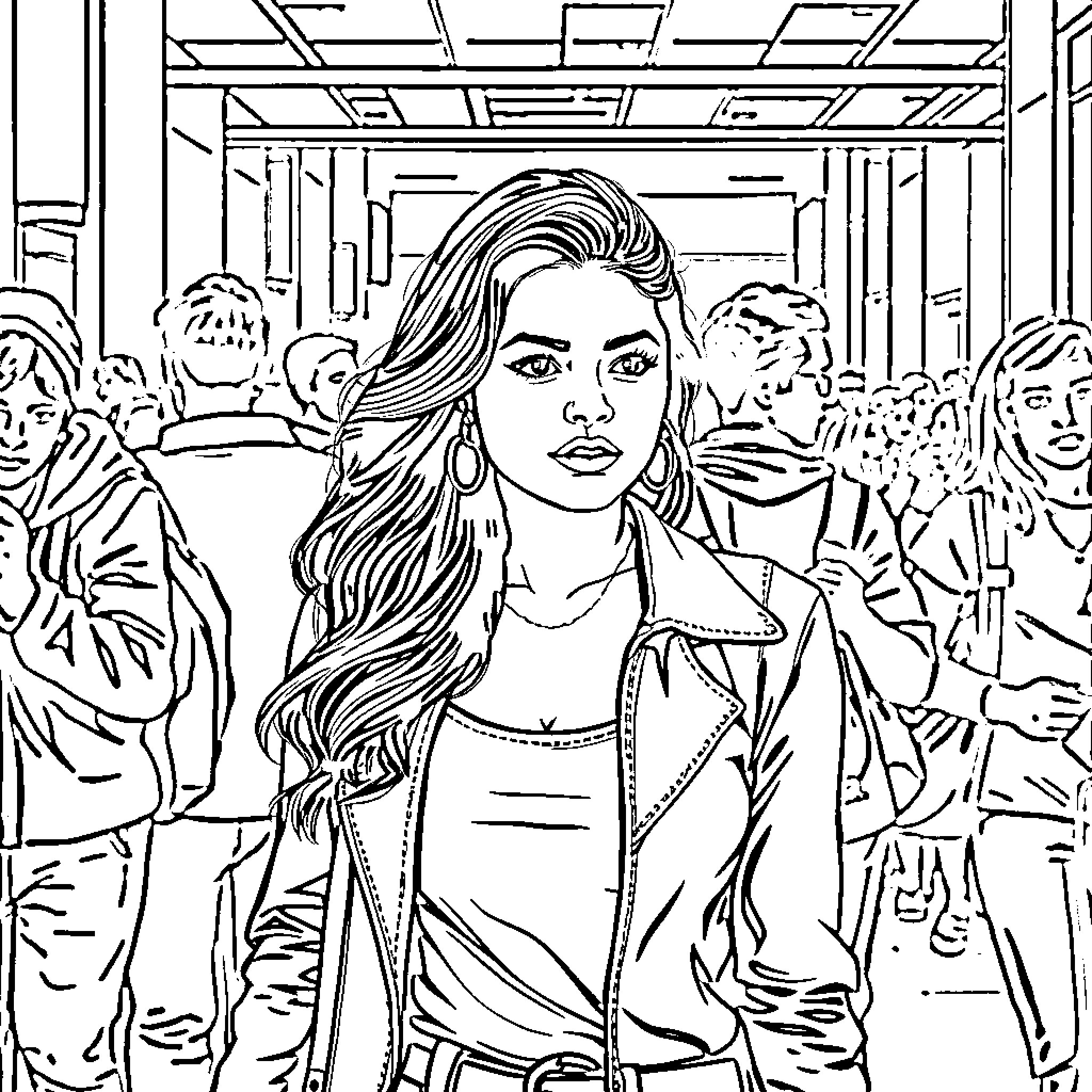 Selena Gomez in a Crowd of People Coloring Page (free black-and-white line drawing printable PDF for all, from beginners to advanced learners, including children, teens, adults, and seniors)
