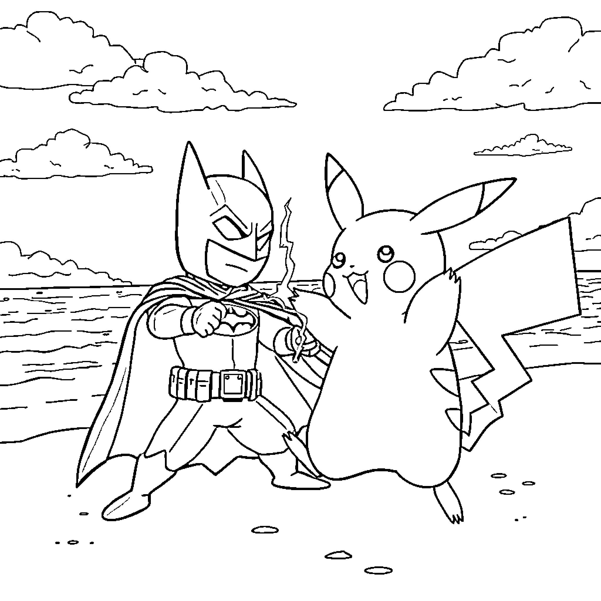 Pikachu and Batman team up for an adventure Coloring Page (free black-and-white line drawing printable PDF for all, from beginners to advanced learners, including children, teens, adults, and seniors)