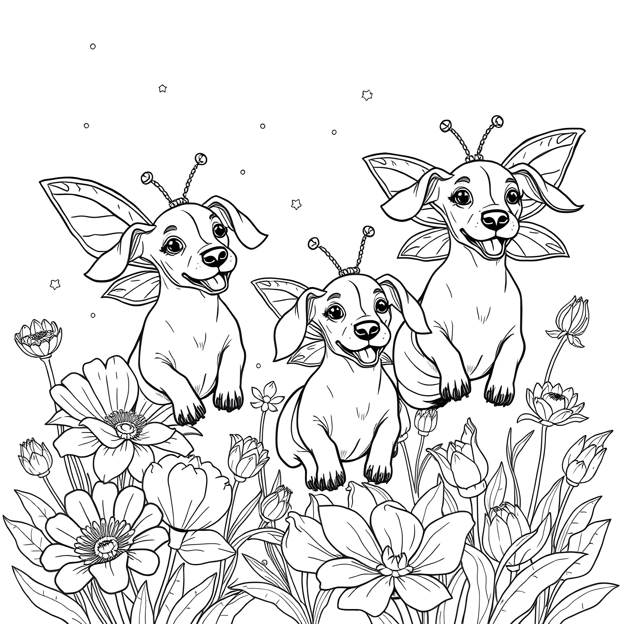 Dachshund Pups Frolicking in Flower Garden Coloring Page (free black-and-white line drawing printable PDF for all, from beginners to advanced learners, including children, teens, adults, and seniors)