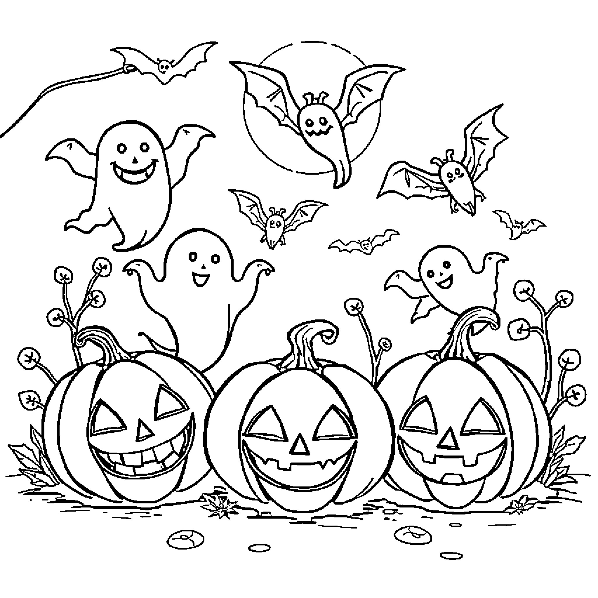 Halloween fun with playful ghosts and jack-o'-lanterns Coloring Page (free black-and-white line drawing printable PDF for all, from beginners to advanced learners, including children, teens, adults, and seniors)