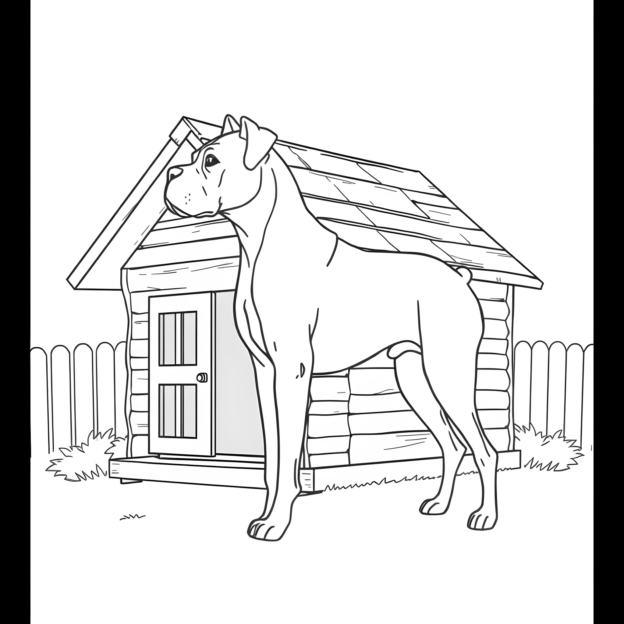 Boxer Dog Guarding Its Wooden Doghouse Coloring Page (free black-and-white line drawing printable PDF for all, from beginners to advanced learners, including children, teens, adults, and seniors)