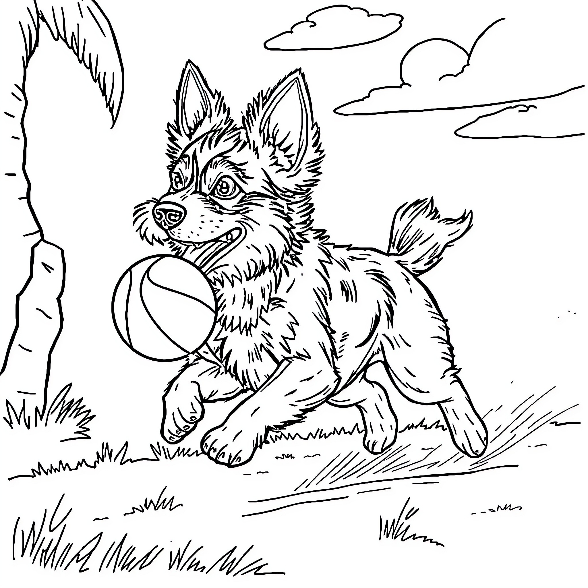 Puppy playing happily with a ball in the park Coloring Page (free black-and-white line drawing printable PDF for all, from beginners to advanced learners, including children, teens, adults, and seniors)