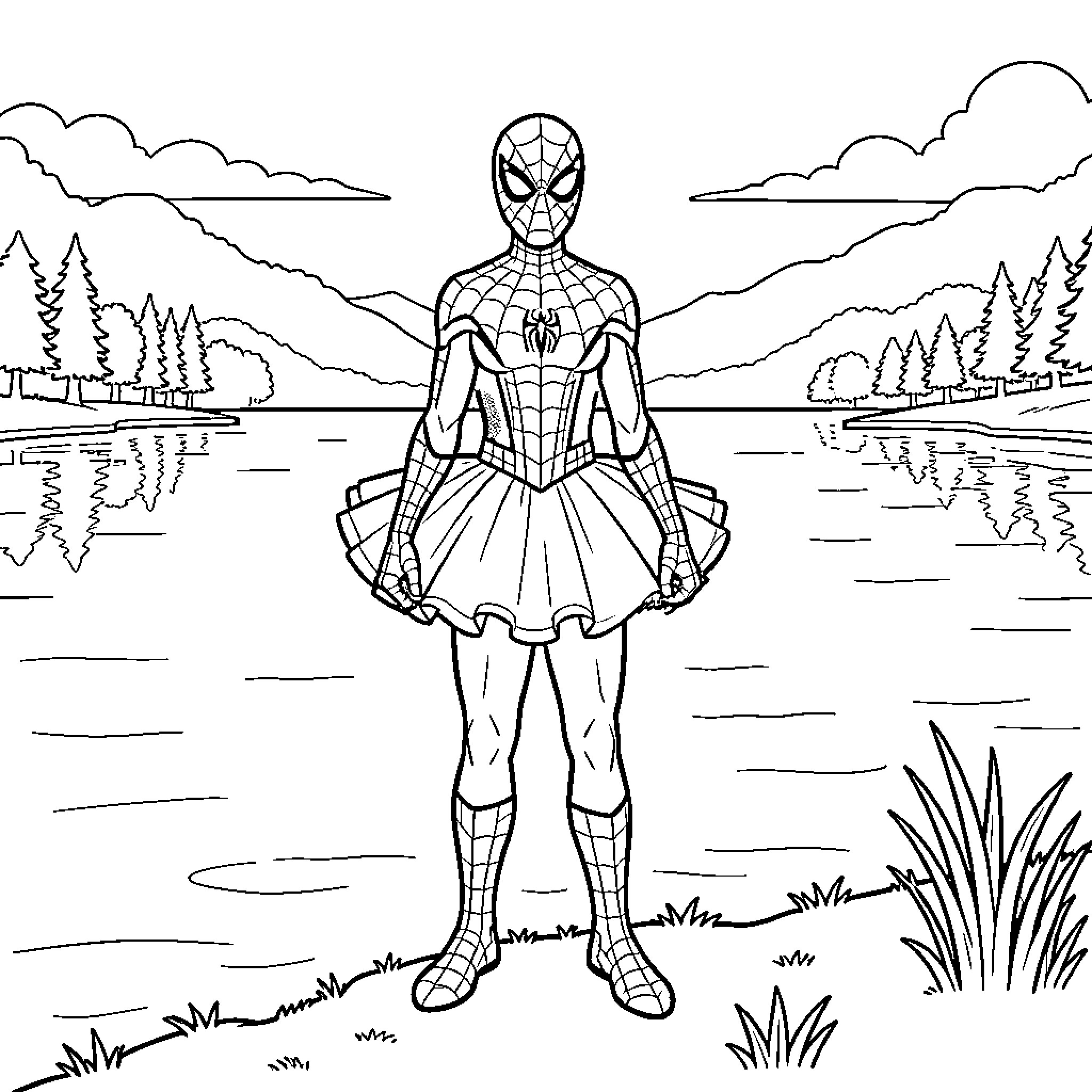 Spiderman wearing a tutu standing by a lake Coloring Page (free black-and-white line drawing printable PDF for all, from beginners to advanced learners, including children, teens, adults, and seniors)