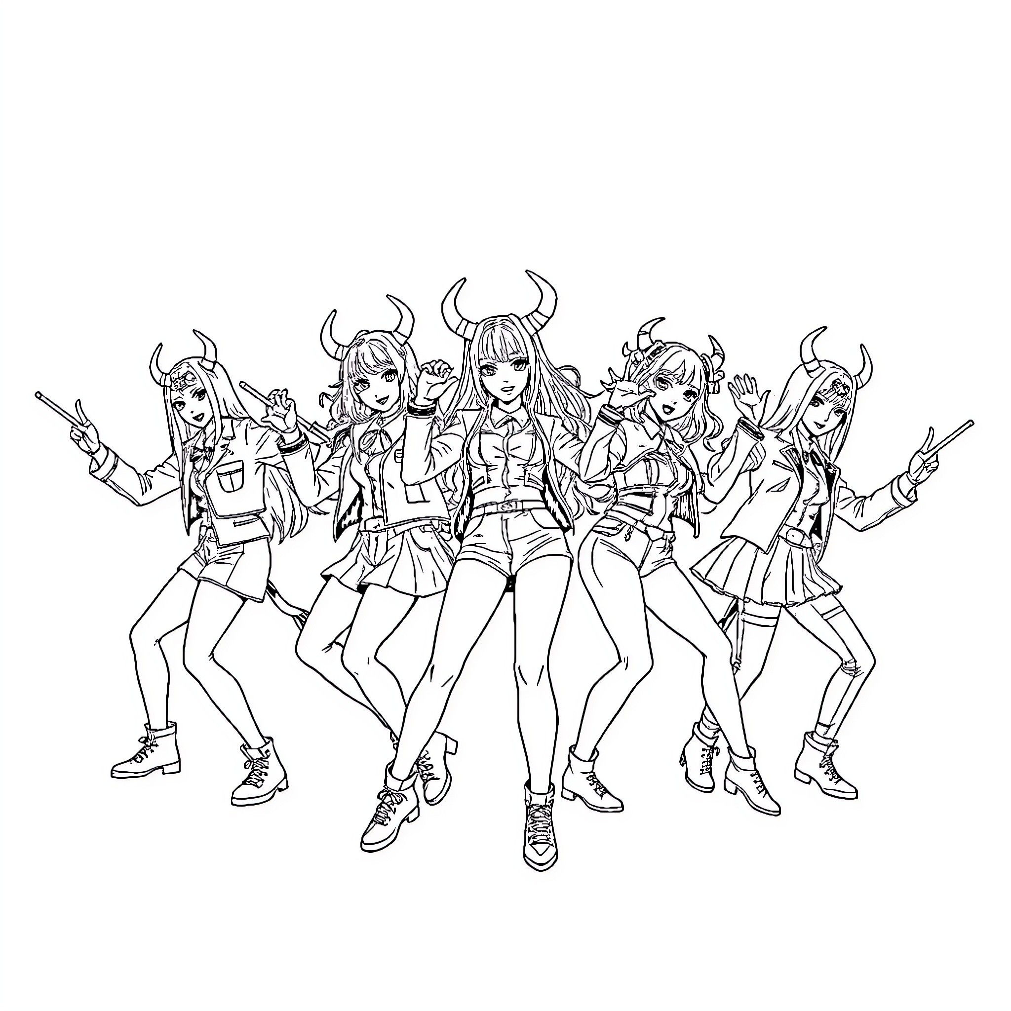 Demon Hunter Anime-Style Group of Fierce Warriors Coloring Page (free black-and-white line drawing printable PDF for all, from beginners to advanced learners, including children, teens, adults, and seniors)