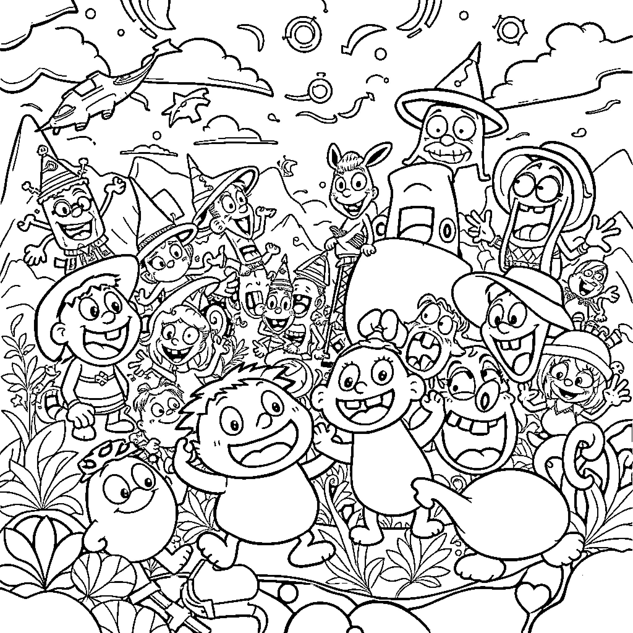 Cartoon Characters in Whimsical Fantastical Scene Coloring Page (free black-and-white line drawing printable PDF for all, from beginners to advanced learners, including children, teens, adults, and seniors)