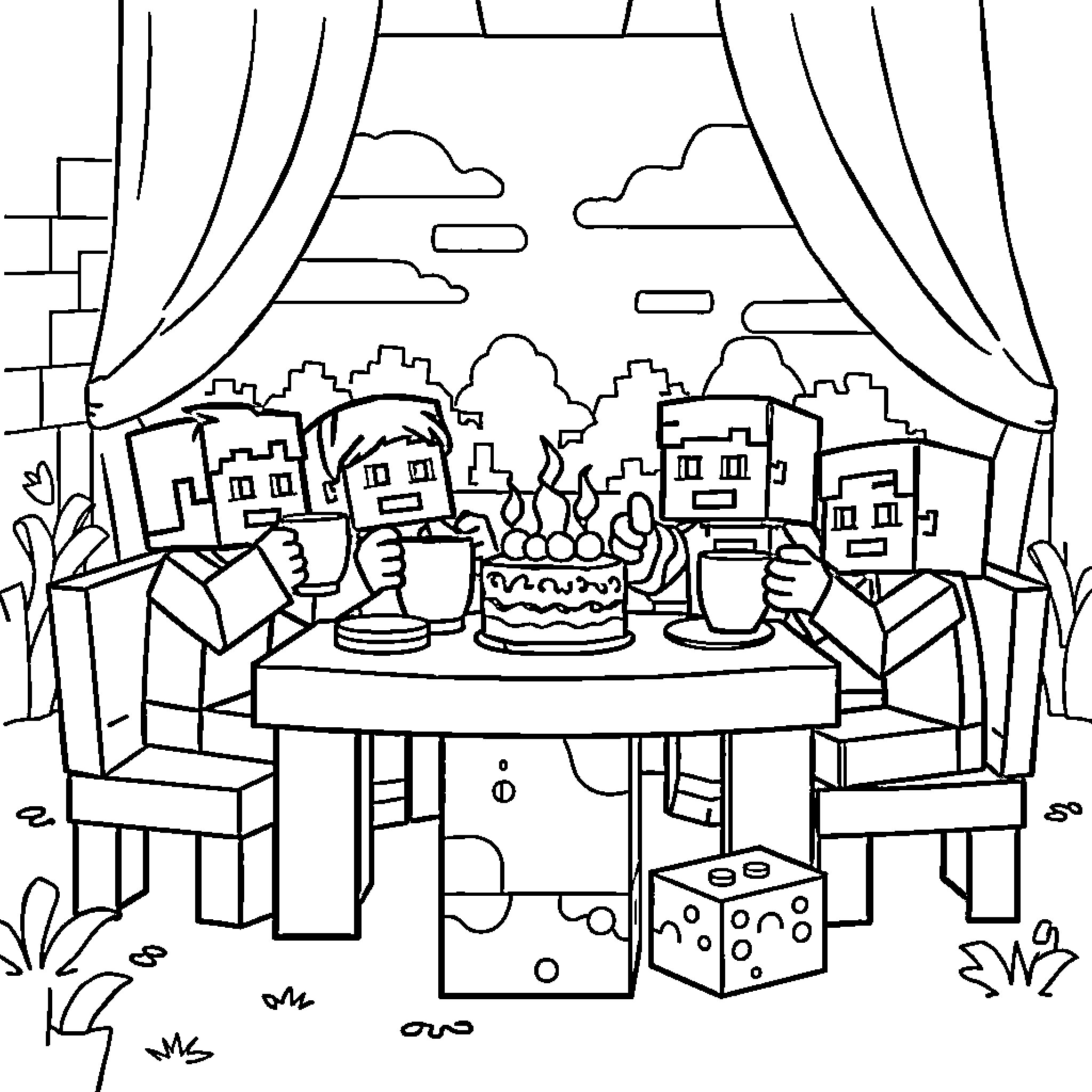 Minecraft characters celebrate a birthday party Coloring Page (free black-and-white line drawing printable PDF for all, from beginners to advanced learners, including children, teens, adults, and seniors)