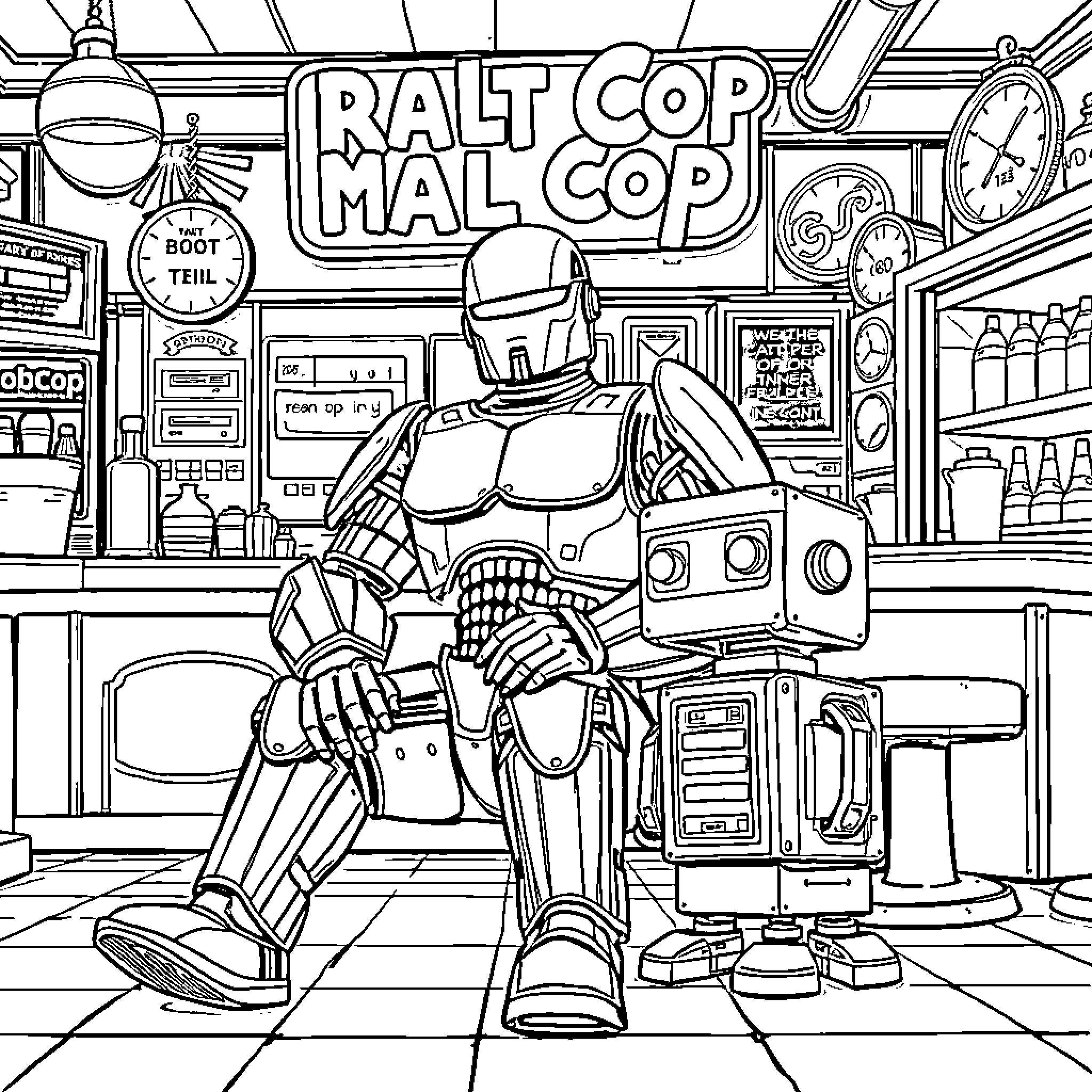 Robocop patrolling the mall cop station Coloring Page (free black-and-white line drawing printable PDF for all, from beginners to advanced learners, including children, teens, adults, and seniors)