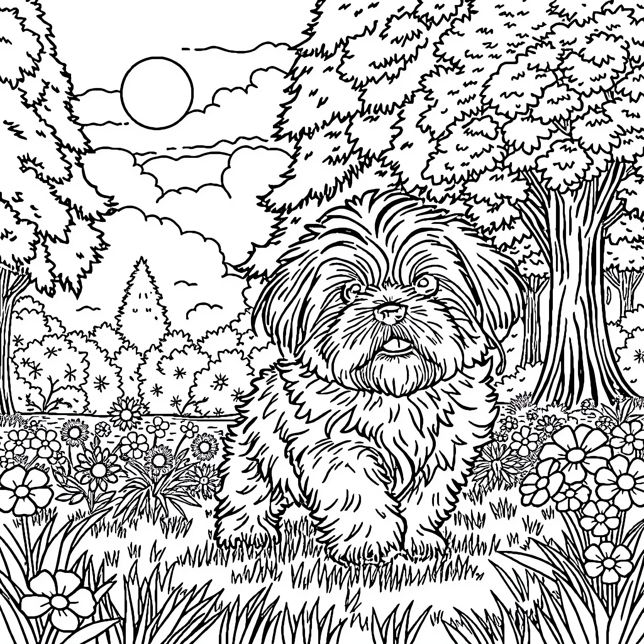 Shih Tzu exploring lush garden landscape Coloring Page (free black-and-white line drawing printable PDF for all, from beginners to advanced learners, including children, teens, adults, and seniors)