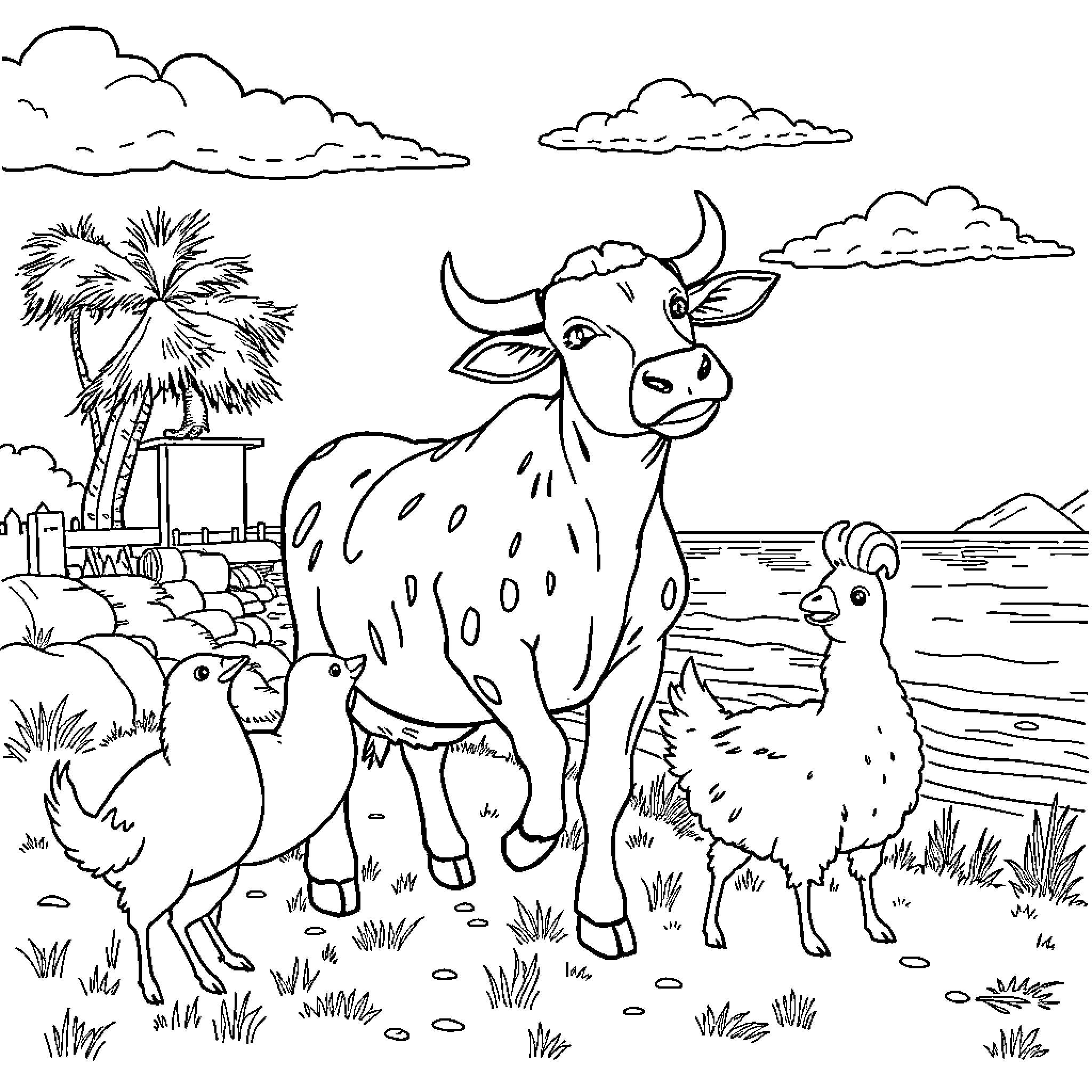 Cow and Llama in Tropical Landscape Coloring Page (free black-and-white line drawing printable PDF for all, from beginners to advanced learners, including children, teens, adults, and seniors)