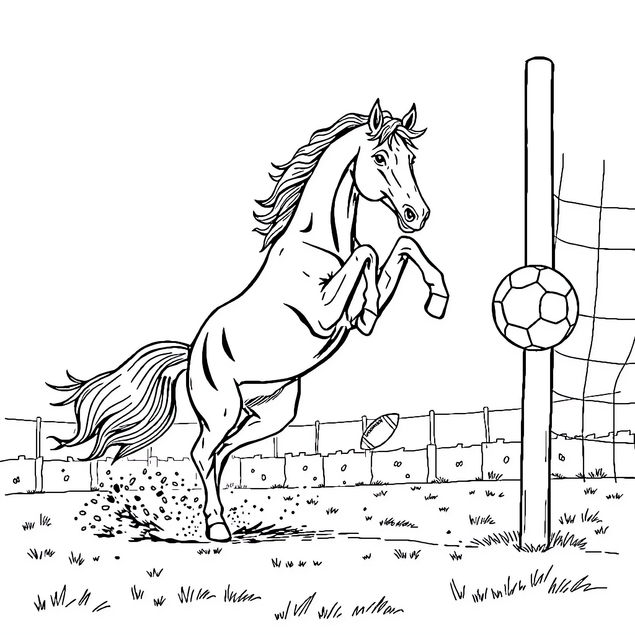Mustang playing energetically with soccer ball on field Coloring Page (free black-and-white line drawing printable PDF for all, from beginners to advanced learners, including children, teens, adults, and seniors)