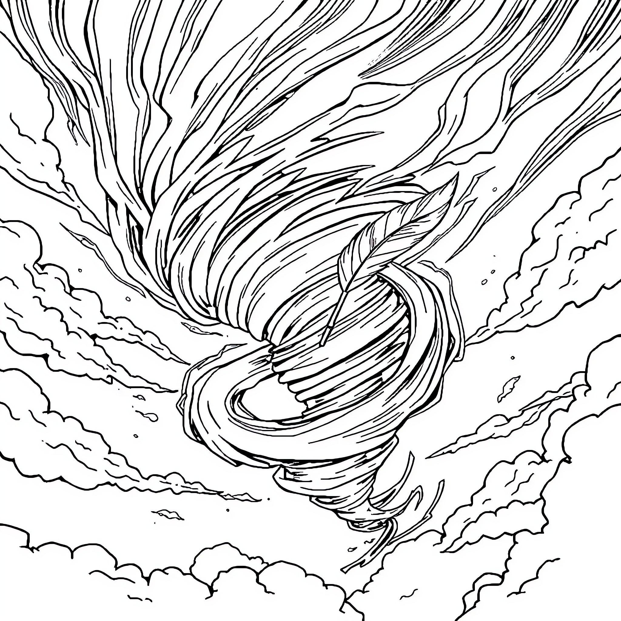 Tornado swirling through the stormy skies Coloring Page (free black-and-white line drawing printable PDF for all, from beginners to advanced learners, including children, teens, adults, and seniors)