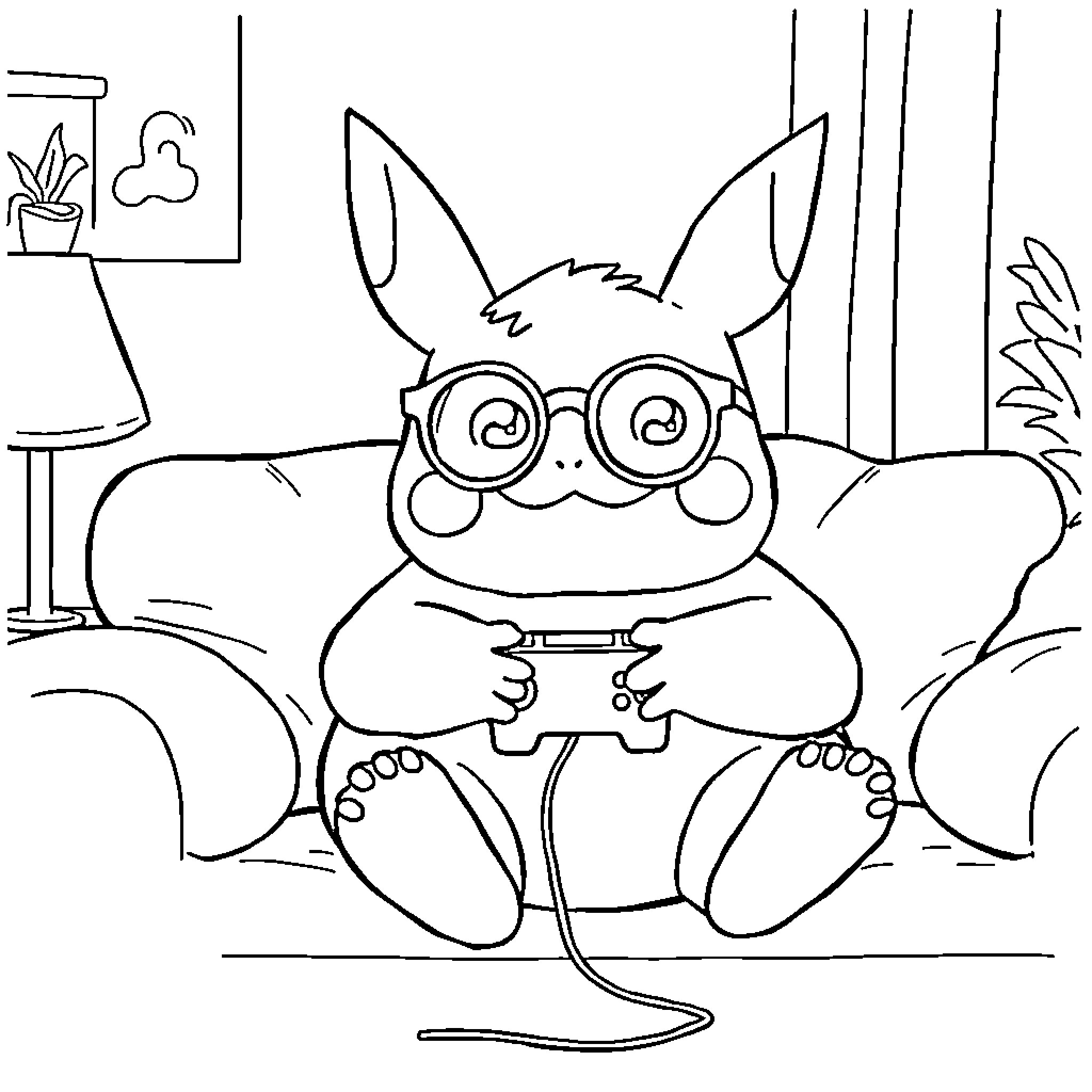 Snorlax playing video games on the couch Coloring Page (free black-and-white line drawing printable PDF for all, from beginners to advanced learners, including children, teens, adults, and seniors)