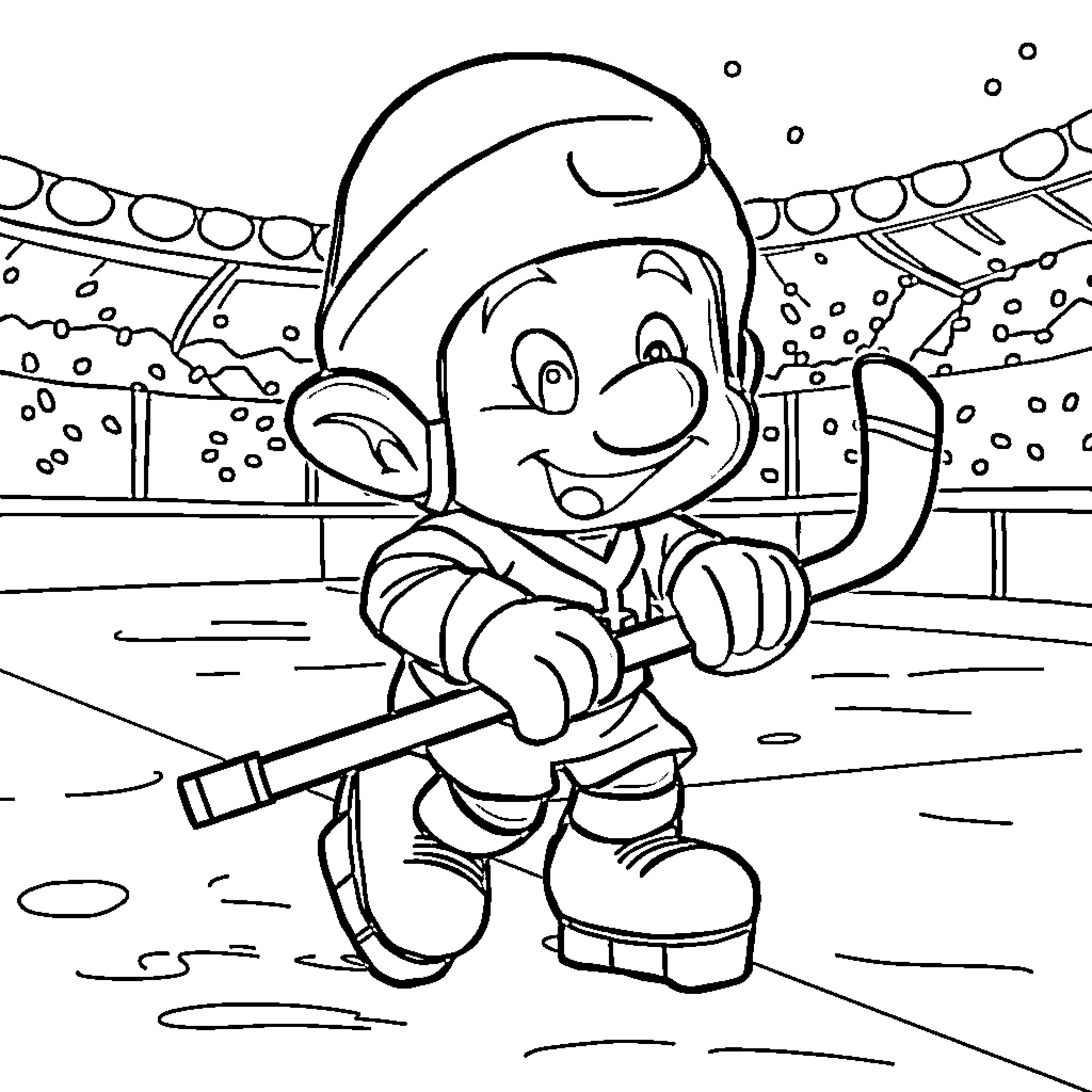 Smurf playing joyfully with ice hockey equipment Coloring Page (free black-and-white line drawing printable PDF for all, from beginners to advanced learners, including children, teens, adults, and seniors)