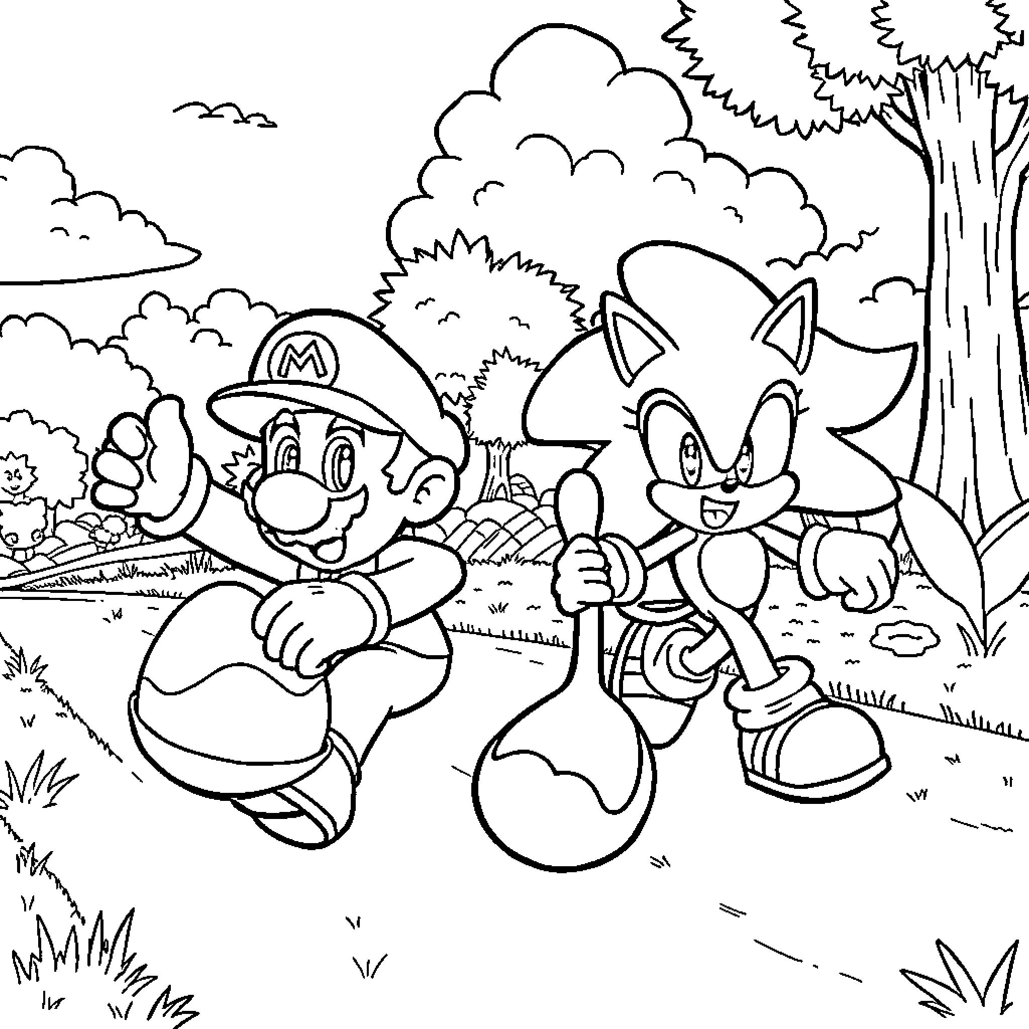 Mario and Sonic on an Outdoor Adventure Coloring Page (free black-and-white line drawing printable PDF for all, from beginners to advanced learners, including children, teens, adults, and seniors)
