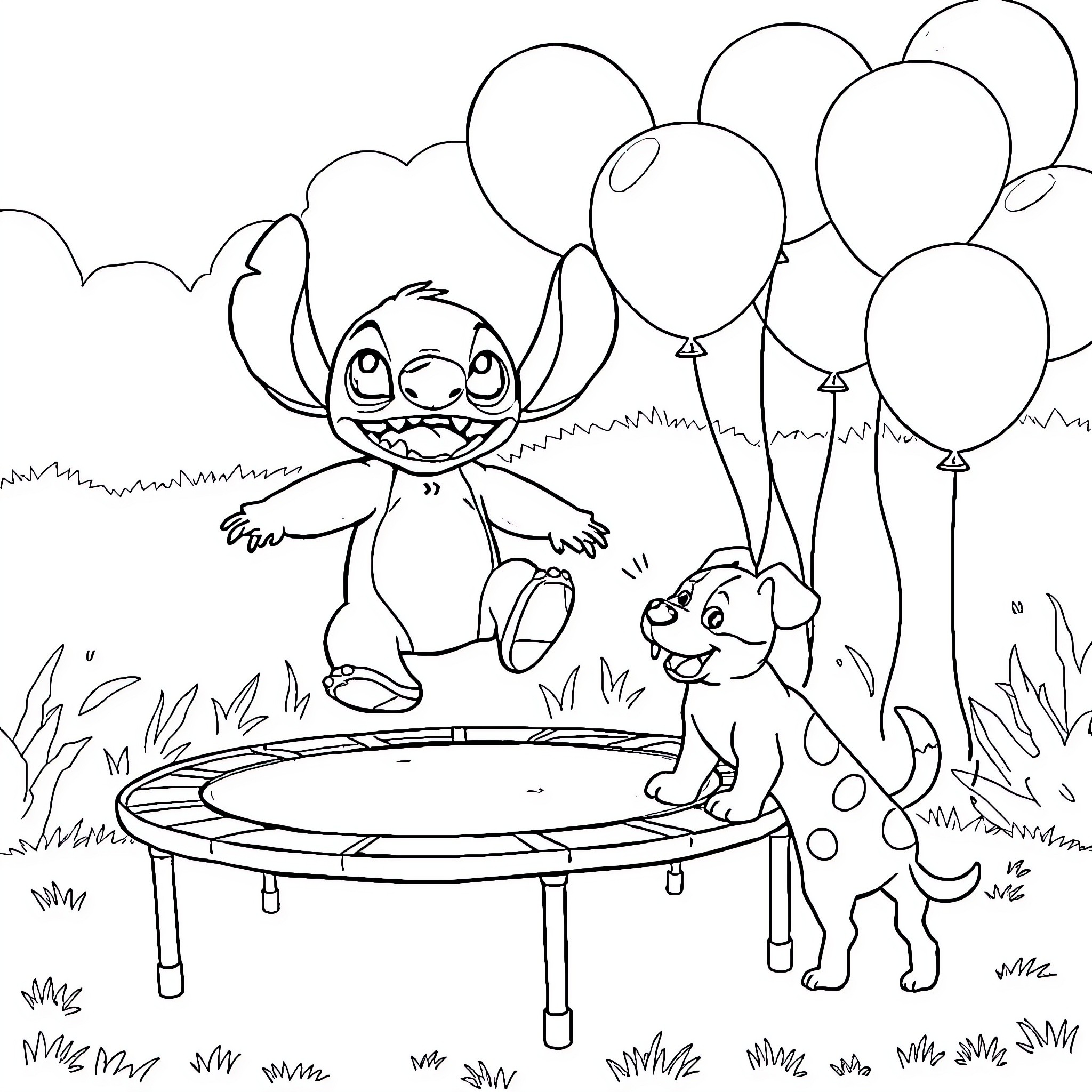 Stitch and puppy playing with balloons on trampoline Coloring Page (free black-and-white line drawing printable PDF for all, from beginners to advanced learners, including children, teens, adults, and seniors)