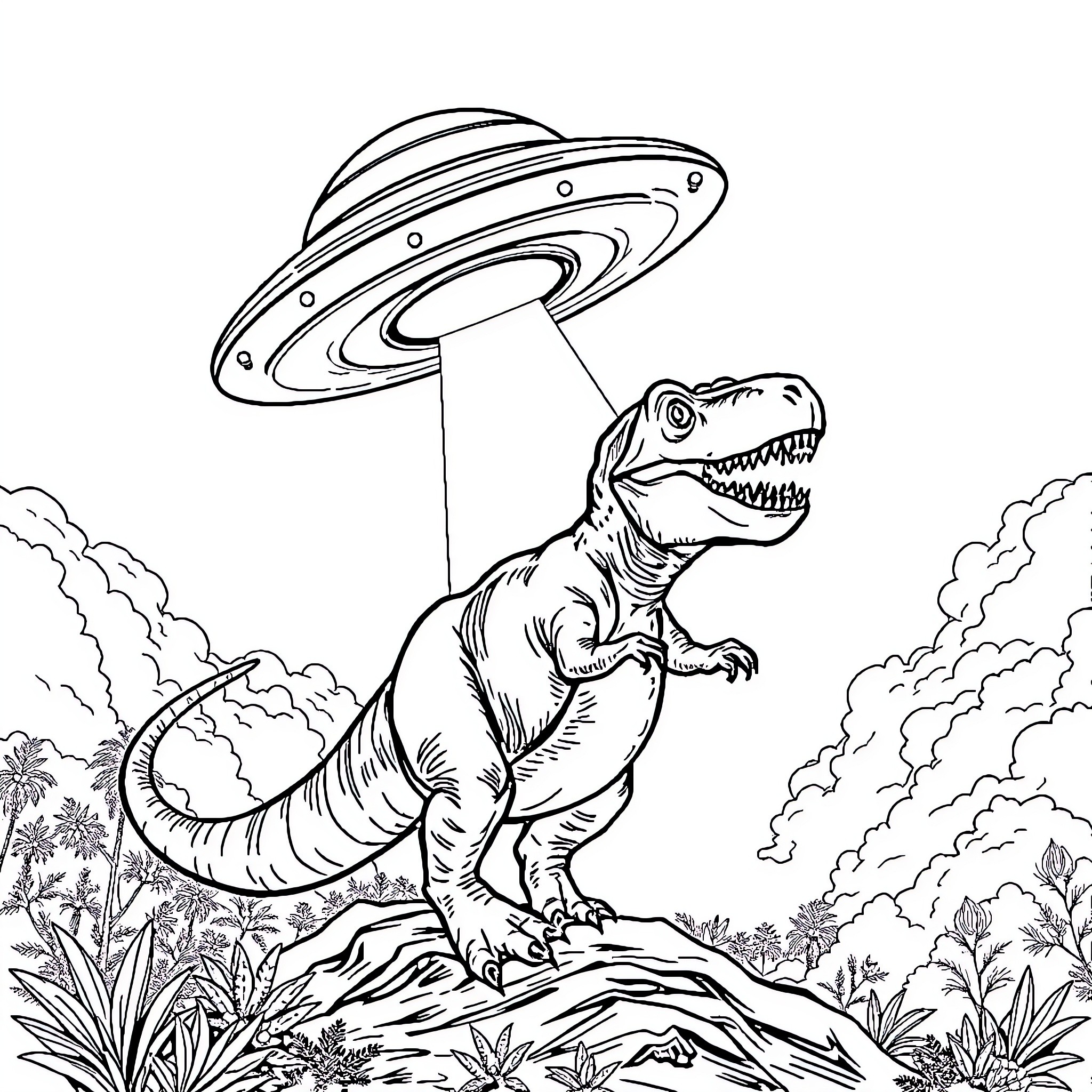 UFO observing curious dinosaur in prehistoric landscape Coloring Page (free black-and-white line drawing printable PDF for all, from beginners to advanced learners, including children, teens, adults, and seniors)